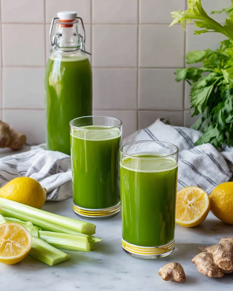 Two clear tall glasses and a clear bottle are filled with bright green juice. The bottle stands behind the glasses and has a white cap with a metal clasp. The glasses each have a simple yellow and silver stripe near the bottom. Around the glasses and bottle, fresh celery sticks, a piece of ginger root, and two whole yellow lemons with one cut in half are placed on a white marbled surface. A white cloth with thin grey stripes is casually folded in the background, and leafy green herbs appear on the right side. The backdrop shows white tiles with visible grout lines. photo taken with an iphone --ar 4:5 --v 7