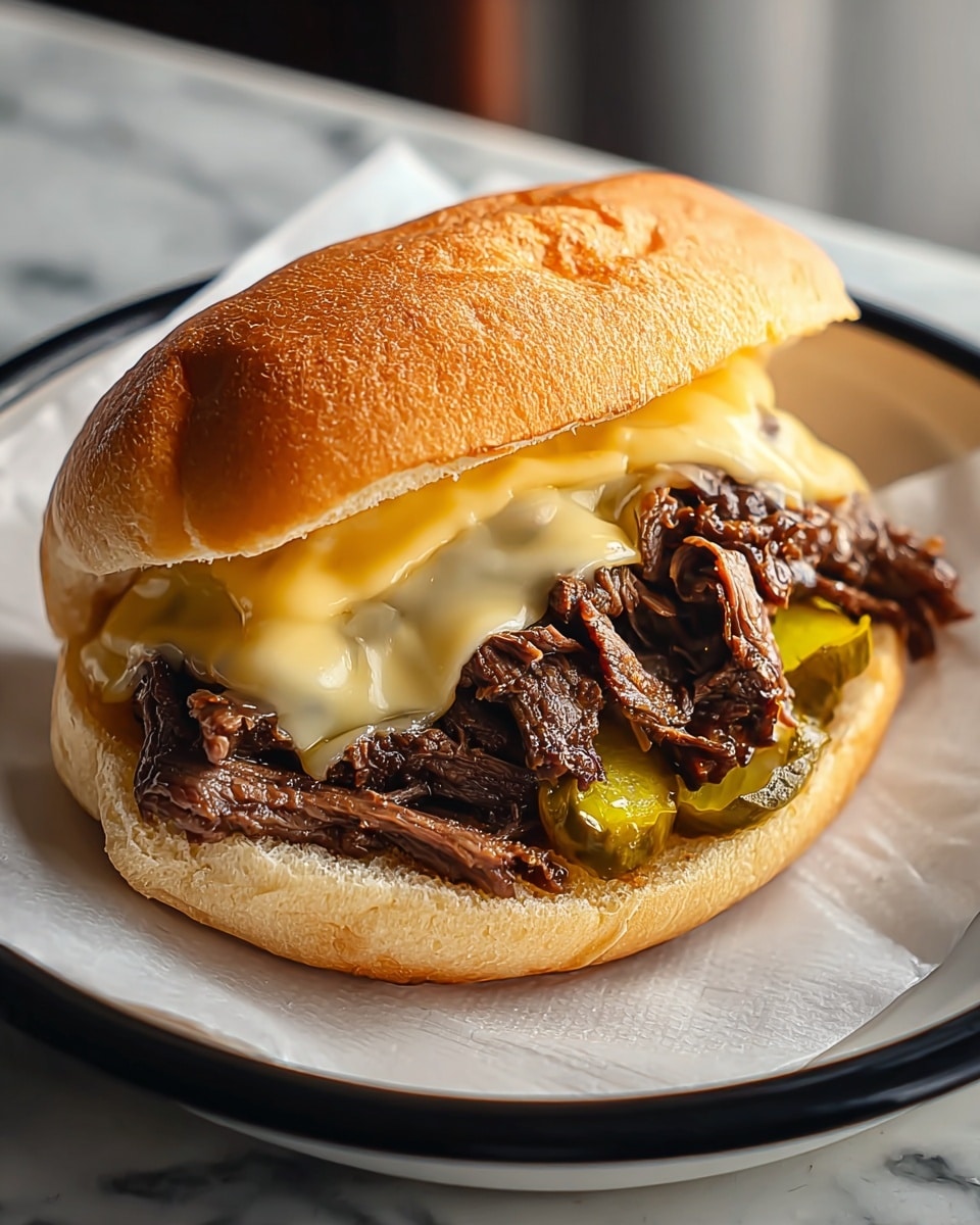 A sandwich with a soft, light brown toasted bun on top and bottom, with melted pale yellow cheese spread over the bottom bun, topped with dark brown cooked beef strips that look tender and juicy with some sauce, and a few green pickle slices scattered inside. The sandwich sits on white paper on a white plate with black edges, all placed on a white marbled surface. photo taken with an iphone --ar 4:5 --v 7