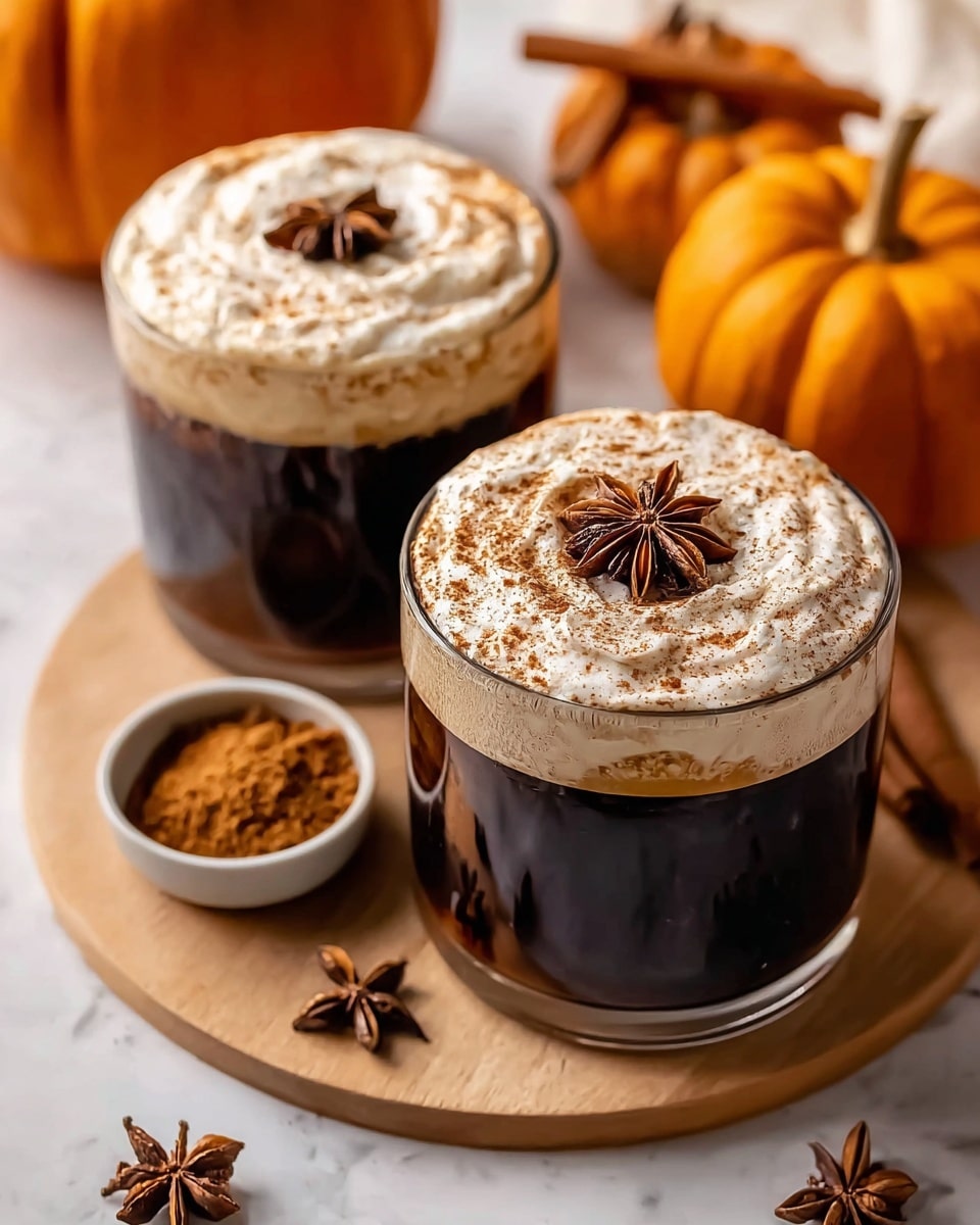 The image shows two clear glass cups filled with a dark brown coffee base topped with a thick, frothy layer of light brown whipped foam. The foam is swirled and sprinkled with a fine dusting of cinnamon powder, adding light brown speckles on top. One cup has a star anise placed centrally on the foam, adding a dark brown, star-shaped detail. The cups are placed on a round light wooden board with a small bowl of ground cinnamon to the side and some whole star anise pieces scattered nearby. In the background, large orange pumpkins and a cinnamon stick are visible on a white marbled surface. photo taken with an iphone --ar 4:5 --v 7