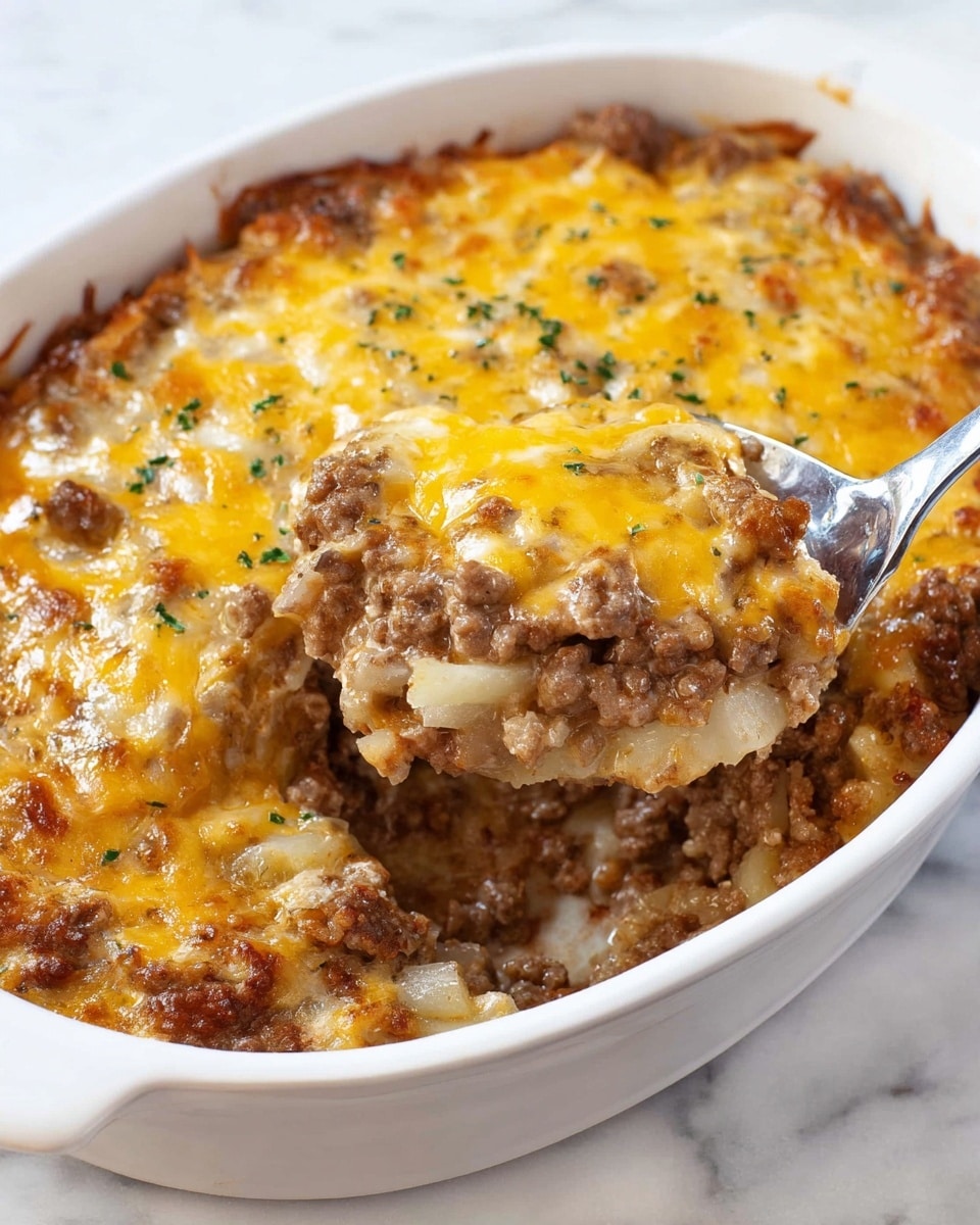 A white oval dish filled with a layered baked casserole, showing a thick bottom layer of cooked pasta or similar in light yellow, covered generously with a ground meat layer in a rich brown color mixed with tomato bits, topped with melted golden-yellow cheddar cheese that is bubbly and slightly browned, sprinkled with small green herb flakes over the top. A silver spoon is inserted into the right side of the dish, lifting some of the casserole. The dish sits on a white marbled surface with a red and white checkered cloth partially visible on the top right side. Photo taken with an iphone --ar 4:5 --v 7
