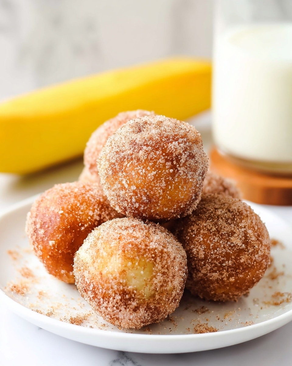 A close-up view of six round, golden-brown donut holes coated with a layer of sugar and cinnamon, piled together on a white plate. The donut holes have a slightly rough texture due to the sugar crystals, with some uneven spots showing a softer dough beneath the sugary coating. In the blurred background, there is a yellow banana and a glass of white milk with a wooden coaster against a white marbled texture. photo taken with an iphone --ar 4:5 --v 7