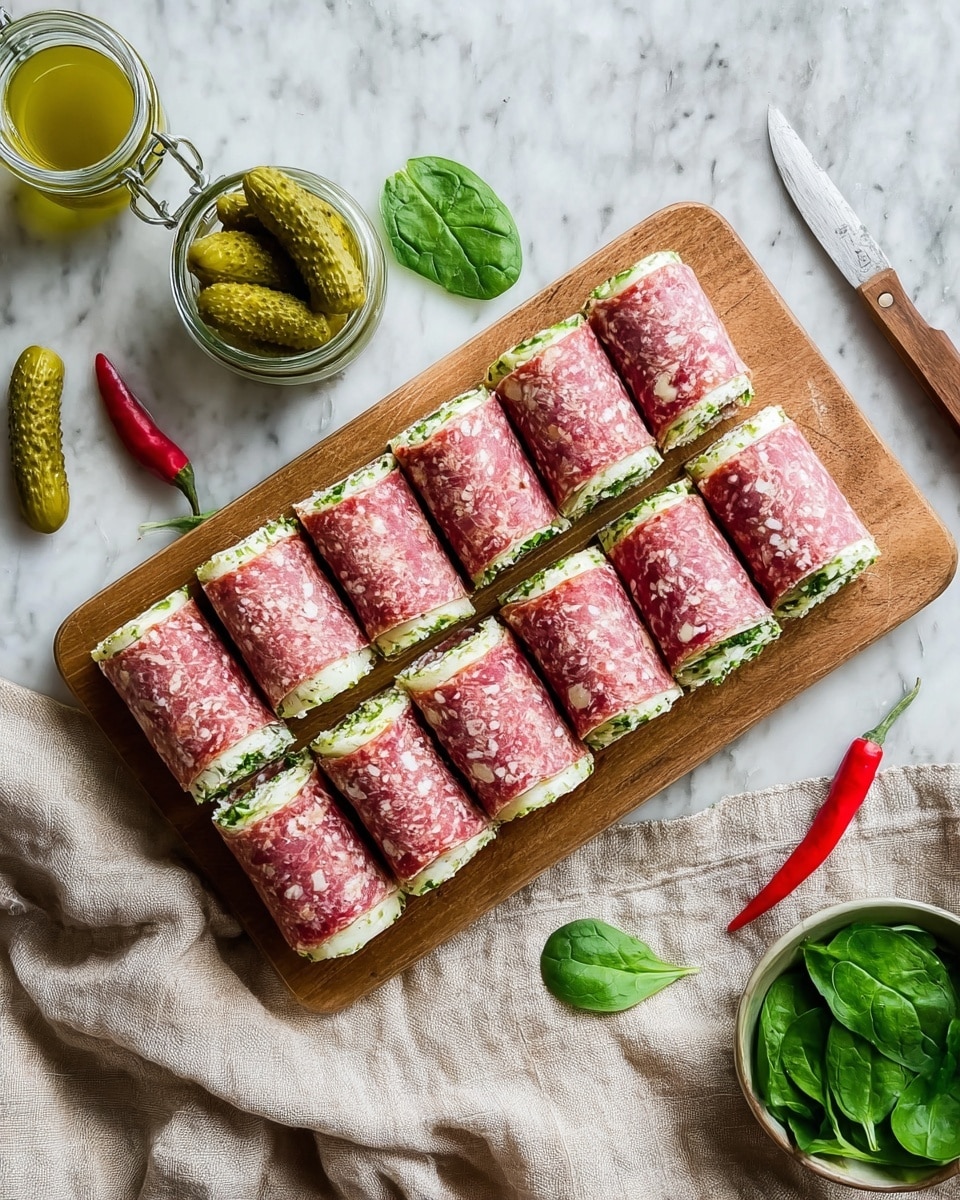 The image shows a wooden board on a white marbled surface with ten salami rolls neatly arranged in two rows. Each roll has three visible layers: a thin outer layer of pinkish-red salami with white fat spots, a middle creamy white layer of cheese, and a green vegetable layer inside, likely cucumber or a similar filling. Near the board, there are three whole pickles, two open jars with greenish-yellow sauce, fresh spinach leaves, two red chili peppers, and a knife, adding color and food texture variety. A beige cloth is softly draped under the wooden board, adding warmth to the setting. photo taken with an iphone --ar 4:5 --v 7