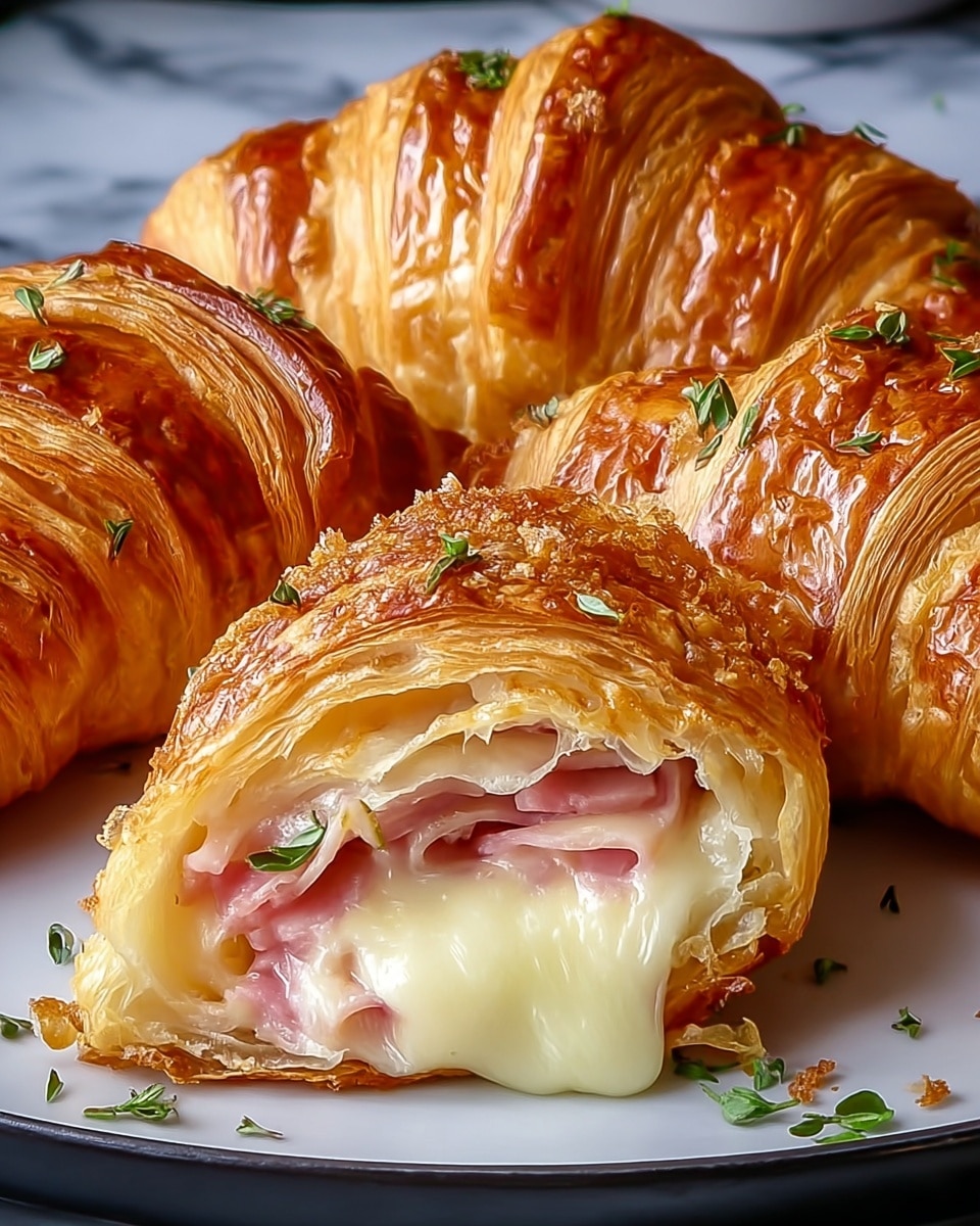 The image shows three golden brown croissants on a white plate with a white marbled surface underneath. Each croissant has a shiny, crispy outer layer with visible flakey, curved layers. The front croissant is cut partially open, showing three inner layers: a crispy pastry layer on the outside, soft melted creamy cheese in the middle, and finely chopped pink ham pieces inside. Small green herb leaves are sprinkled on top and around the croissants, adding a fresh touch to the warm, buttery baked items. photo taken with an iphone --ar 4:5 --v 7