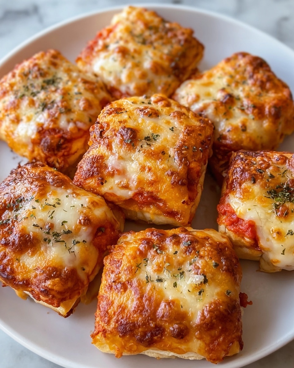 The image shows three golden-brown baked pastries on a white plate set on a white marbled surface. Each pastry has a shiny, slightly crispy top covered with melted cheese that has browned in some spots, giving a bubbly texture. There are herbs sprinkled on top, adding small green specks across the cheese. The edges of the pastries are folded and sealed, showing layers of dough with a soft, slightly puffy texture. The overall look is warm and inviting, with the pastries close together in the center of the plate. Photo taken with an iphone --ar 4:5 --v 7