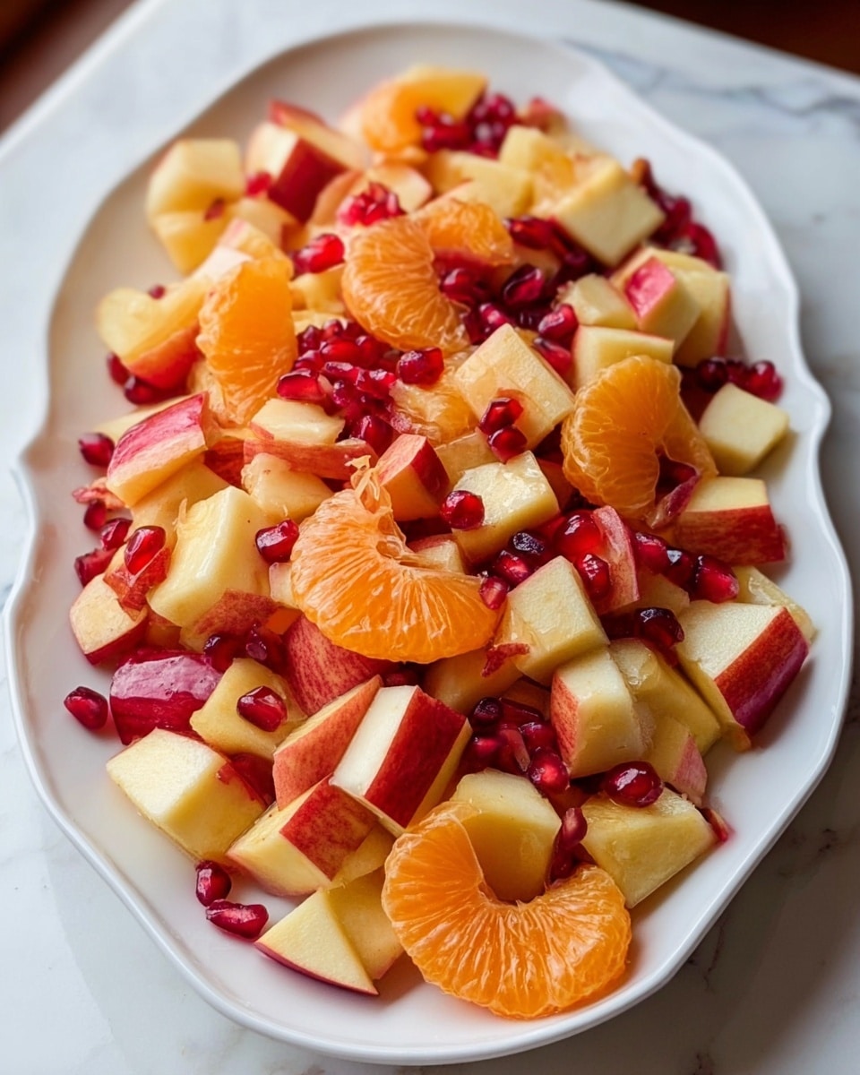A white, oval-shaped plate filled with a mix of fresh fruits. The bottom layer has small, apple pieces with red skin and creamy yellow flesh, cut into chunks. On top of the apples, bright orange tangerine segments are scattered, showing a juicy and slightly translucent texture. Mixed in between are small, shiny, red pomegranate seeds that add vibrant contrast. The fruits are loosely piled, showing their fresh and natural look. The plate rests on a white marbled surface, enhancing the fresh colors of the fruit. photo taken with an iphone --ar 4:5 --v 7