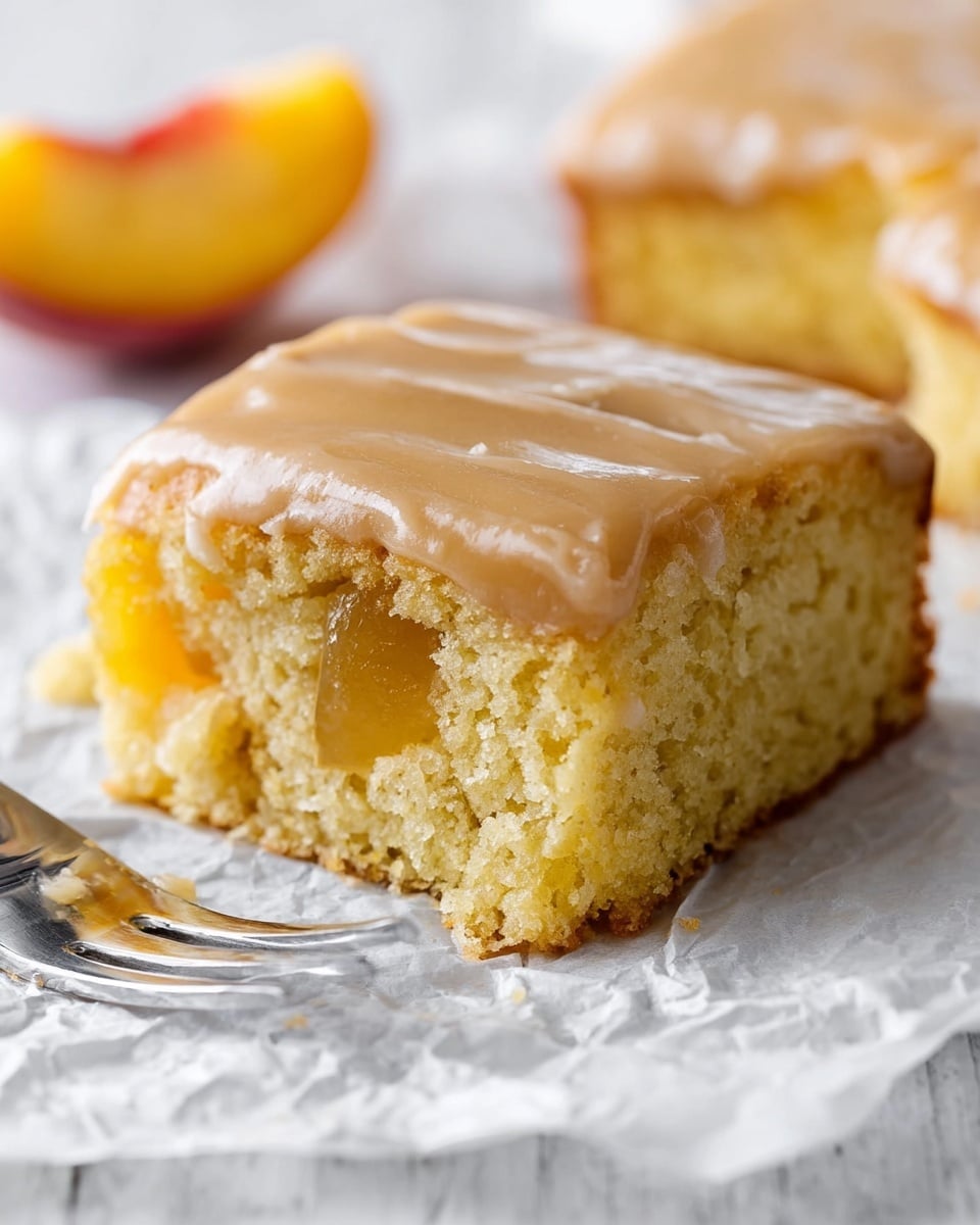 A close-up view of a square piece of cake with two main layers; the bottom layer is a soft, moist golden-yellow sponge with visible chunks of fruit embedded inside, giving a textured appearance, while the top layer is a smooth, glossy light brown icing with slight cracks on the surface, covering the entire cake evenly. The cake rests on crumpled white parchment paper placed on a white marbled surface. To the left of the cake is a shiny silver fork, and in the blurred background, there is a soft peach slice with orange and yellow gradient colors. photo taken with an iphone --ar 4:5 --v 7