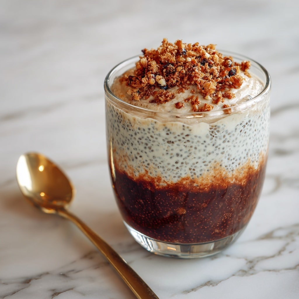 The image shows a close-up of a clear glass bowl filled with a creamy layered dessert. The bottom layer is a light beige creamy mixture with visible chia seeds giving it a textured look. On top, there are crushed nuts that create a chunky, brownish topping. Some larger nut pieces or crispy bits are mixed in and scattered on the surface, adding crunch and color contrast. A gold spoon rests inside the bowl, slightly dipped into the creamy layer, with a woman's hand holding it. The bowl is placed on a white marbled surface with a soft white cloth blurred in the background. Photo taken with an iphone --ar 4:5 --v 7