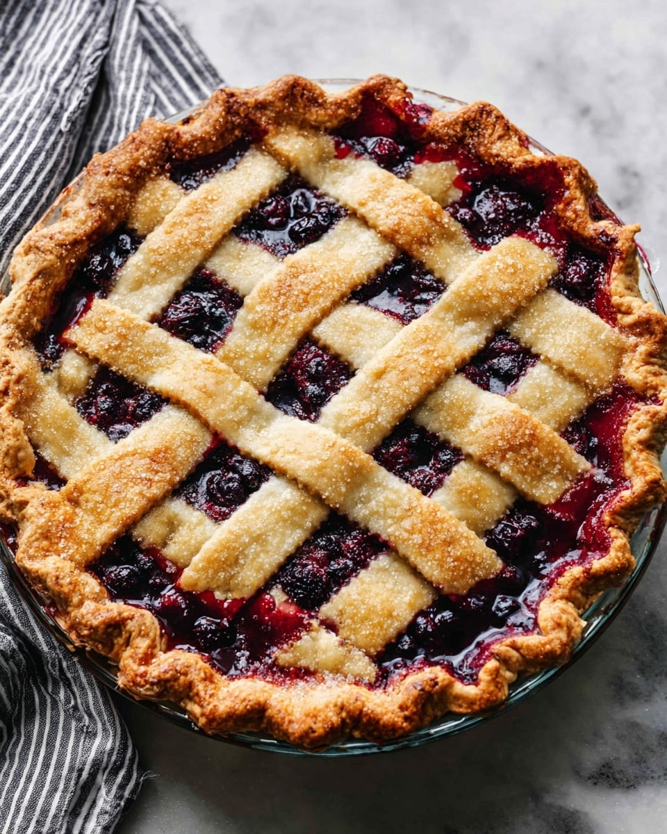 A round pie with a golden brown, thick lattice crust made of wide strips of dough woven on top, showing dark red and purple mixed berry filling underneath. The pie edge is crimped and baked to a rich golden color, slightly raised around the edges. The filling looks juicy and chunky with visible whole berries. The pie is placed in a clear glass pie dish on a white marbled surface with a striped cloth nearby. Photo taken with an iphone --ar 4:5 --v 7