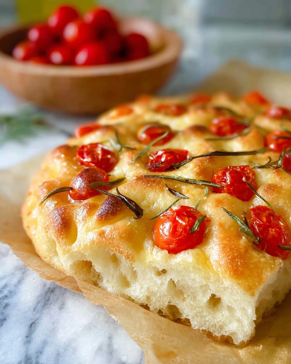 A close-up image of a golden-brown focaccia bread topped with bright red cherry tomato halves and scattered green rosemary leaves, showing its airy and bubbly texture with dimpled surface on a piece of parchment paper atop a white marbled background, with a blurred bowl of cherry tomatoes in the background. photo taken with an iphone --ar 4:5 --v 7