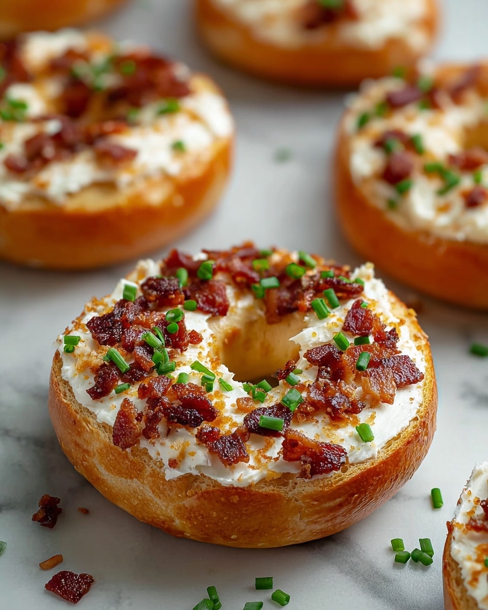 A close-up view of a toasted bagel cut horizontally showing a thick, shiny cream cheese layer topped with small, crispy, dark brown bacon bits and chopped bright green chives evenly spread on top; the bagel's outer crust is golden brown and slightly crunchy looking with a soft, airy inside visible through the hole in the center; more bagels similarly topped are blurred in the background on a white marbled surface, with scattered chives adding a fresh contrast. photo taken with an iphone --ar 4:5 --v 7