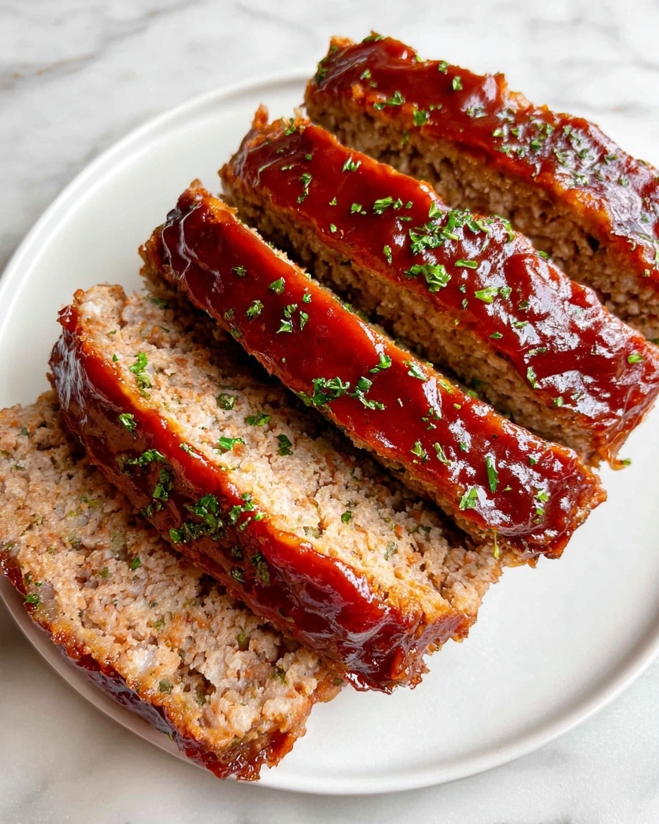 The image shows a white plate with four slices of meatloaf arranged slightly overlapping. Each slice has a thick, glossy reddish-brown glaze on top that looks smooth and shiny, sprinkled with small green herb pieces. The inside of the meatloaf is a light brown, crumbly texture with small visible bits of ingredients, giving it a coarse, meaty look. The plate sits on a white marbled surface, adding brightness and contrast to the rich colors of the meatloaf. photo taken with an iphone --ar 4:5 --v 7