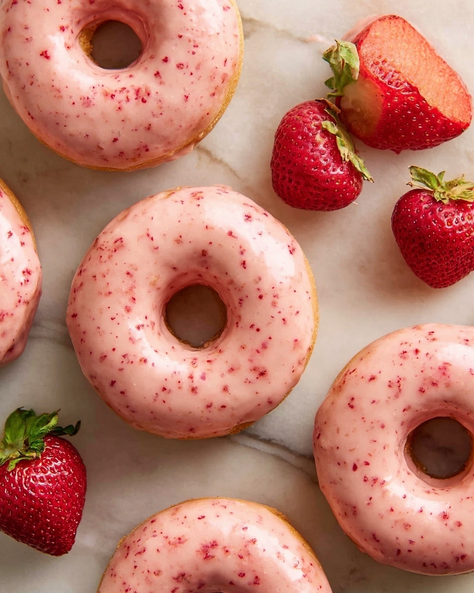 Two round donuts with light golden bases are covered in a smooth, thick pink glaze speckled with tiny red bits. One donut is whole and placed flat, showing the shiny glazed top, while the other is stacked partly on the first with a bite taken out, revealing a soft, airy inside. Around the donuts are fresh, bright red strawberries, some whole with green leaves and others sliced to show their juicy interiors. Everything is set on a white marbled surface, creating a clean and fresh look. Photo taken with an iphone --ar 4:5 --v 7