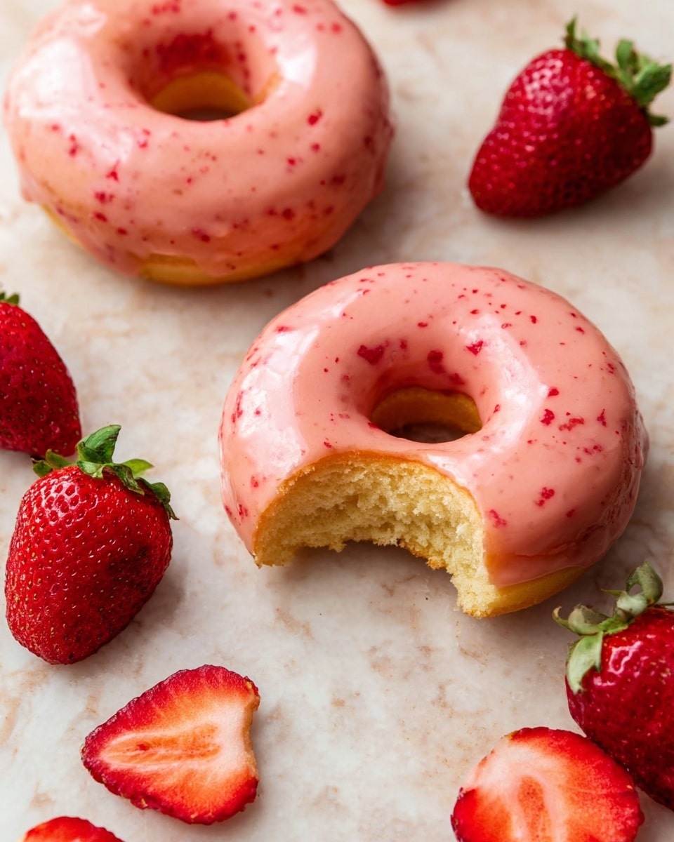 The image shows several round donuts with a smooth, glossy pink glaze evenly covering the top surface of each donut, speckled with tiny pieces of red fruit. The donuts have a light golden brown base visible only at the edges under the glaze. Surrounding the donuts are fresh strawberries cut in half, showing their bright red flesh, white core, and green leafy tops. All items rest on a white marbled surface with soft lighting that highlights the shiny glaze and fresh fruit texture. photo taken with an iphone --ar 4:5 --v 7