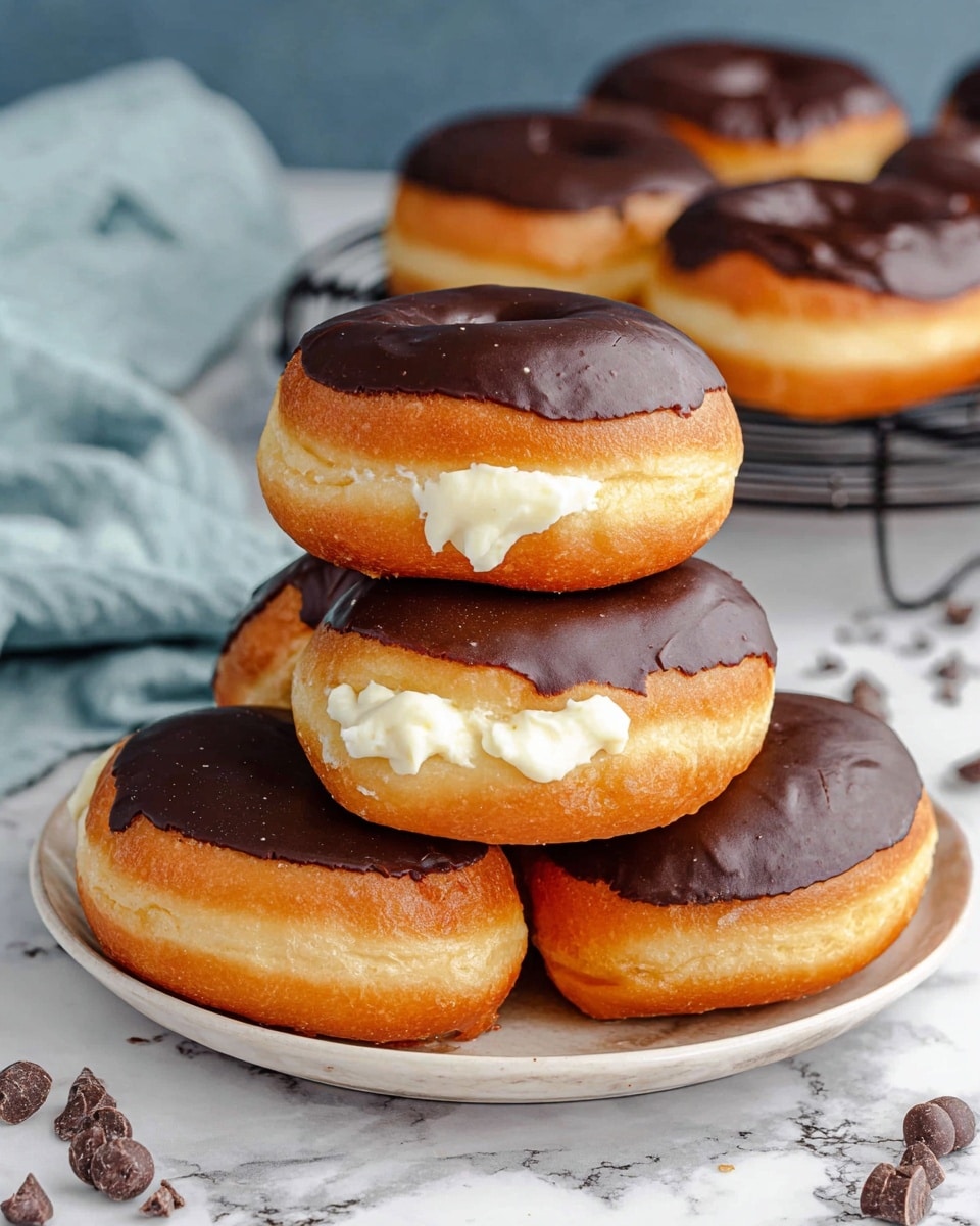 Two round donuts are stacked on a white plate with a dark rim; the bottom donut is golden brown with a spot of creamy filling visible, while the top donut has a bite taken out revealing a thick, yellow custard inside; both donuts are topped with a smooth dark chocolate glaze covering the top half. On the plate next to the donuts are two halved strawberries with bright red flesh and green leaves. In the background, there is a blurred stack of similar donuts and a soft gray cloth, all set on a white marbled surface. photo taken with an iphone --ar 4:5 --v 7