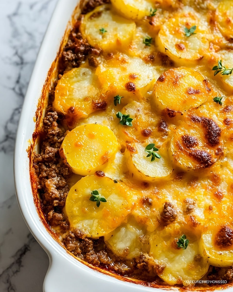 The dish is a layered casserole in a white baking dish, showing a top layer of golden brown melted cheese with small browned spots. Underneath, there are slices of cooked yellow potatoes, slightly browned at the edges, scattered across the surface. Between the potato slices, there is a layer of cooked ground beef with a grainy texture and deep brown color. Small green leaves are sprinkled on top for garnish, adding contrast to the warm yellow and brown tones. The dish rests on a white marbled texture background. photo taken with an iphone --ar 4:5 --v 7