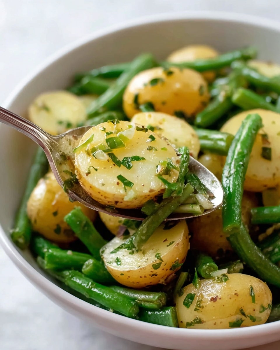 The image shows a white bowl filled with a mix of halved baby potatoes and green beans. The baby potatoes are light yellow inside with a thin brown skin, coated lightly with herbs and oil, giving them a slightly glossy look. The green beans are bright green, long, and slender with a fresh texture. Small pieces of chopped green herbs are sprinkled throughout, adding a fresh touch. A spoon is lifting a portion of the mix, showing the contrast between the soft potatoes and crisp green beans against the white bowl and a white marbled surface in the background. photo taken with an iphone --ar 4:5 --v 7