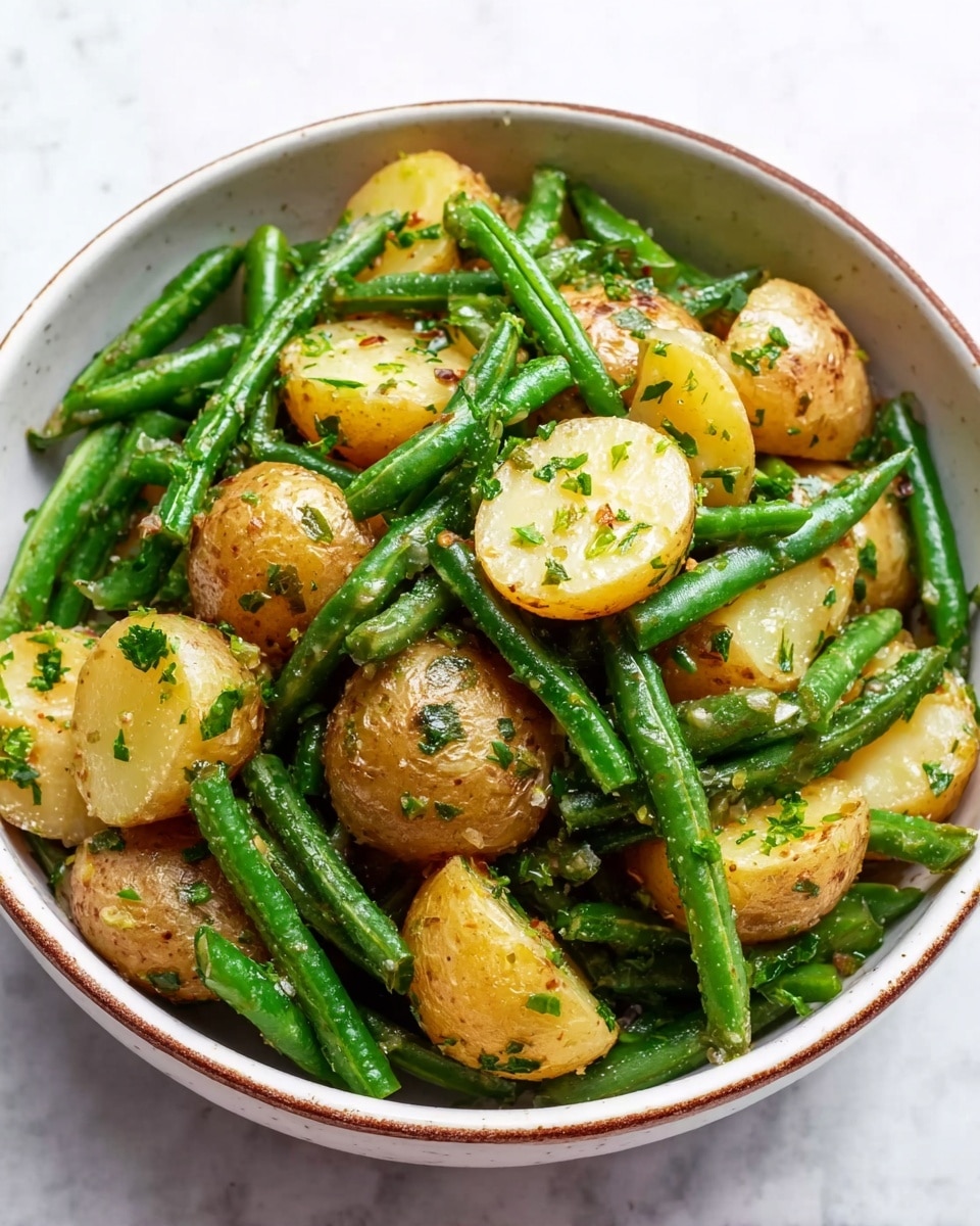 The image shows a close-up view of a bowl filled with a mix of green beans and halved baby potatoes. The baby potatoes have a golden brown skin with a tender white inside, and the green beans look crisp and fresh. Small bits of chopped green herbs are sprinkled throughout the dish. The ingredients are lightly coated in a glossy sauce, highlighting their textures, and the bowl is white with a simple rim, placed on a white marbled surface. photo taken with an iphone --ar 4:5 --v 7