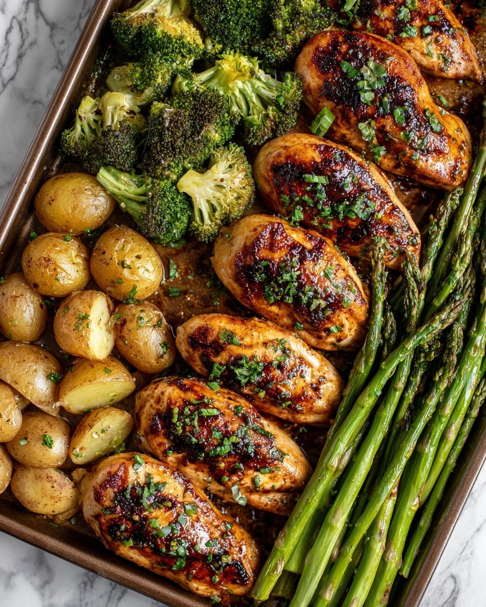 The image shows a baking tray filled with four golden-brown grilled chicken breasts topped with green chopped herbs, placed in the center. On the left side of the tray, there are bright green roasted asparagus stalks with a slightly charred texture, and near them, three small broccoli florets with deep green color and bumpy texture. On the right side, a mix of whole and halved golden baby potatoes with soft yellow interiors and light seasoning are spread evenly. The tray sits on a white marbled surface with a gray cloth napkin partially visible on the right. photo taken with an iphone --ar 4:5 --v 7