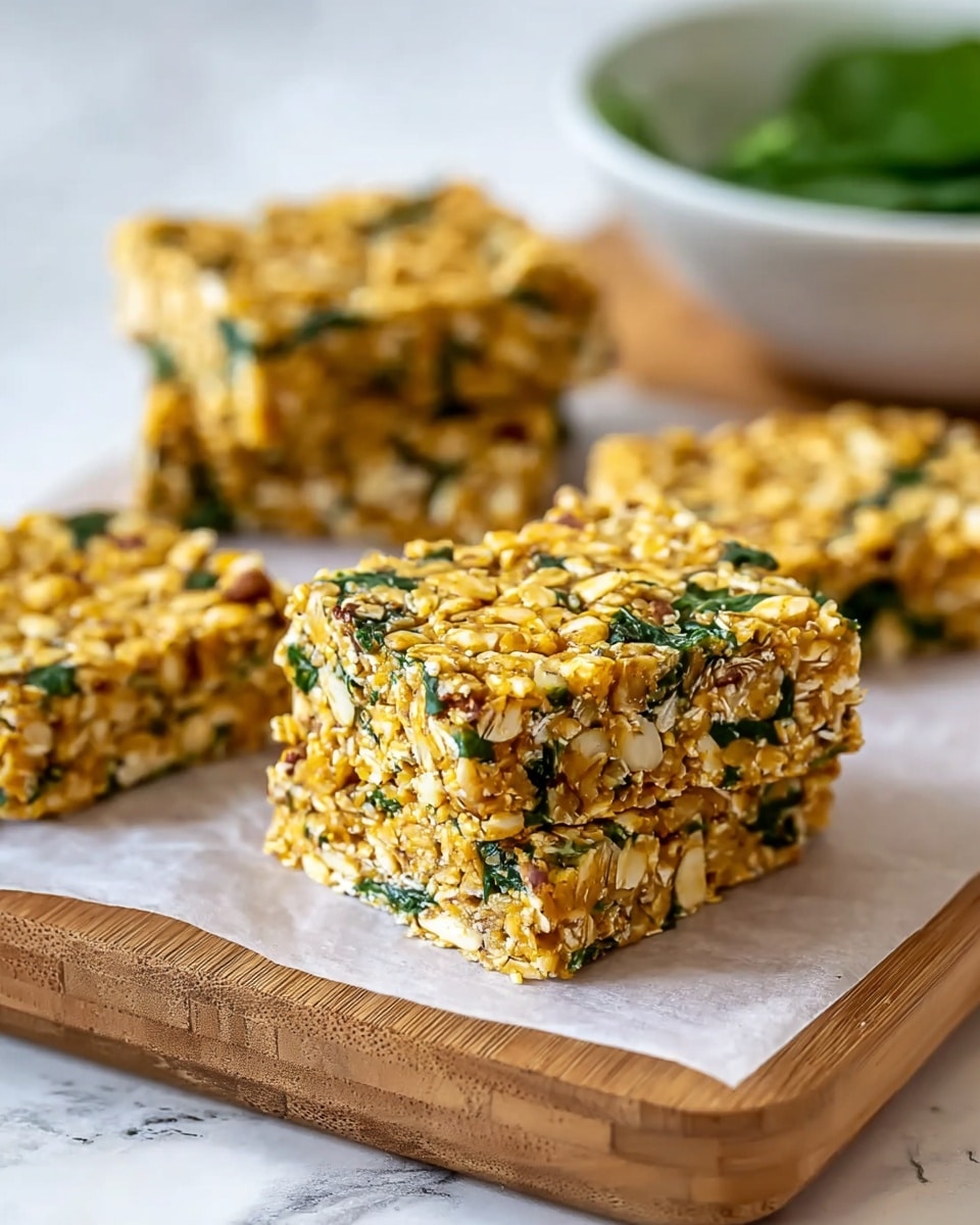 Four square oat bars with visible green leafy bits are set on white parchment paper over a wooden board. Each bar is thick, showing a dense, textured mix of rolled oats, nuts, and chopped greens, all bound together in a light golden color. The oats create a rough surface with irregular shapes and small pieces of nuts adding crunchiness. The green portions are unevenly spread throughout the bars, offering a fresh contrast to the warm yellow and tan shades. The background is a white marbled texture with a blurred white bowl containing green leaves visible in the top right corner. photo taken with an iphone --ar 4:5 --v 7