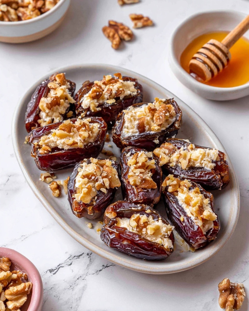 The image shows a white oval plate filled with soft, dark brown dates that are sliced open and stuffed with creamy white filling. On top of the filling, chopped light brown walnut pieces are sprinkled, adding texture. In the background, there is a small white bowl with a honey dipper resting inside, and another small white bowl with more walnuts placed near the plate. The whole setting is on a white marbled surface giving a clean and simple look. Photo taken with an iphone --ar 4:5 --v 7