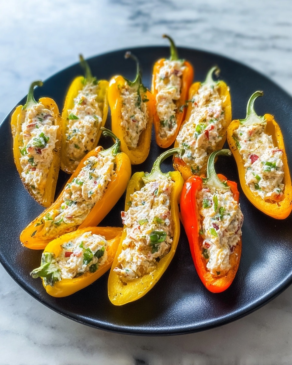 The image shows a white plate filled with mini peppers that are halved and stuffed with a creamy white cheese mixture, which has small flecks of green herbs and some tiny red bits. The mini peppers come in different colors including yellow, orange, and red, arranged in a loose circular pattern with the cheese filling visible on top. The cheese filling looks soft and slightly crumbly with a smooth texture, topped with small green herb pieces scattered across. The plate is set on a white marbled surface. Photo taken with an iphone --ar 4:5 --v 7