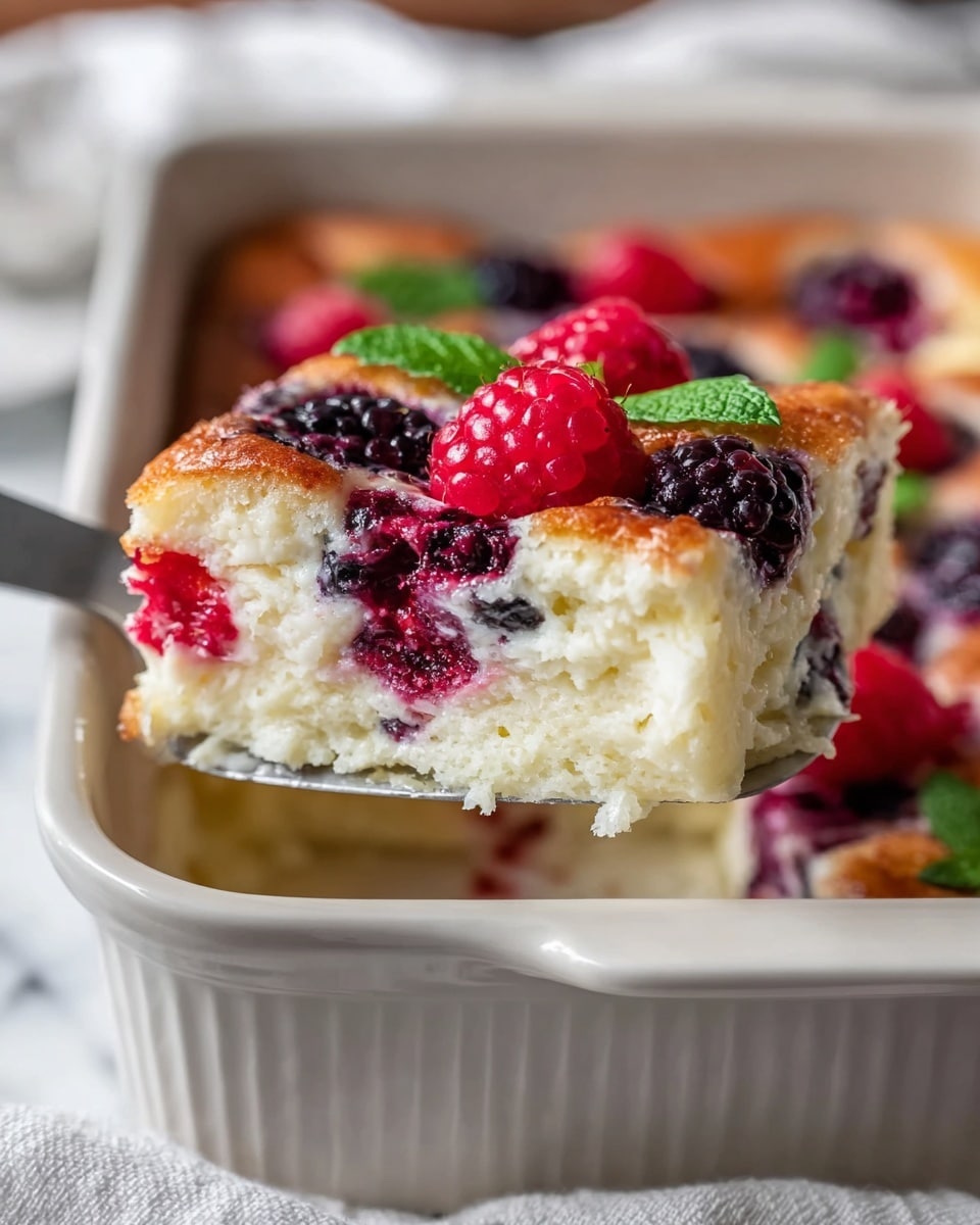The image shows a close-up of a square piece of creamy white baked dessert with a soft, fluffy texture held by a spatula above a white ceramic baking dish. The top layer features bright red raspberries and dark purple blackberries baked slightly into a lightly browned surface. Inside the slice, red raspberries are also visible, adding spots of red to the creamy interior. Small green mint leaves are scattered on the top, adding a fresh touch of color. The baking dish rests on a white marbled surface with a white cloth nearby. The focus is on the moist and textured dessert with vibrant colors on top and inside. Photo taken with an iphone --ar 4:5 --v 7