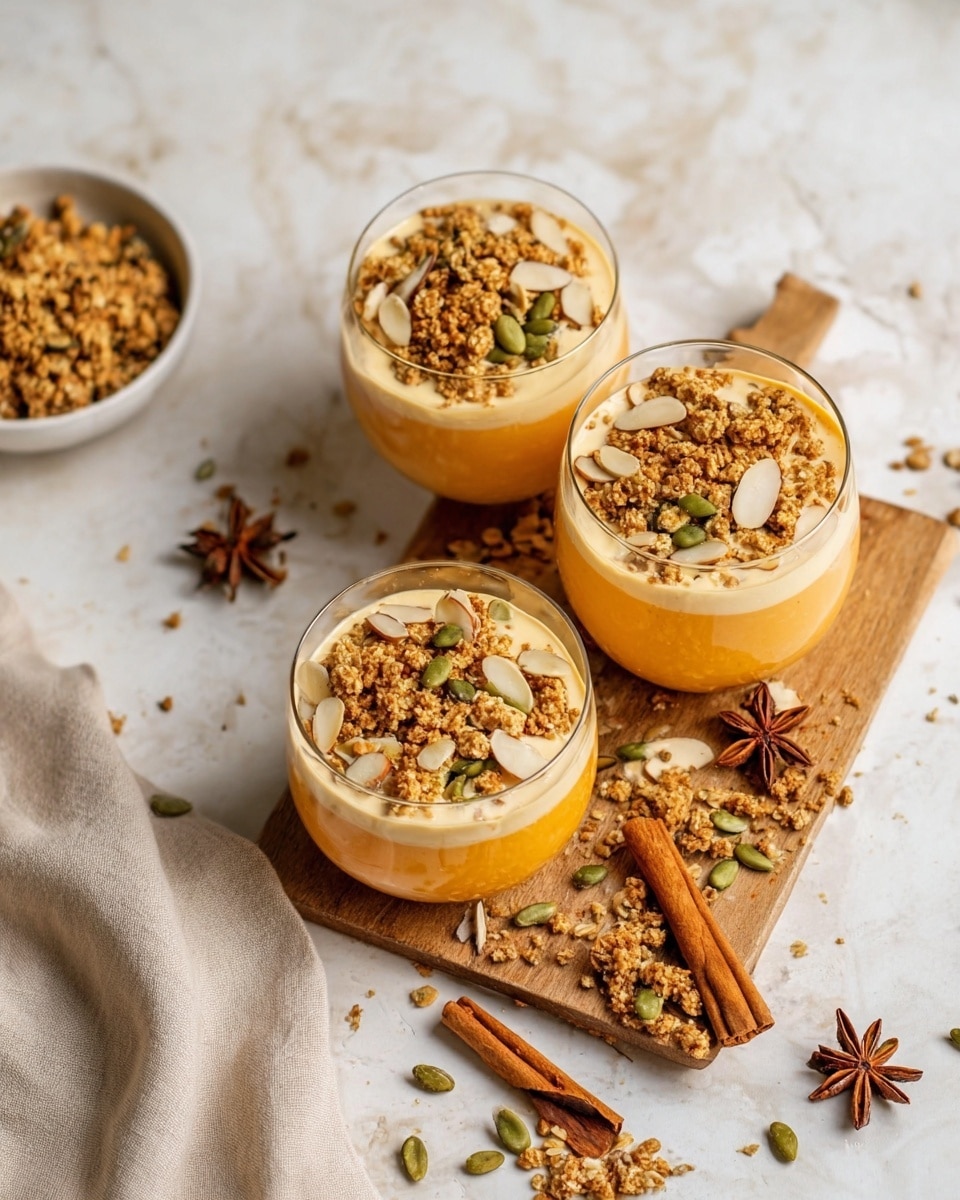 Three clear glasses sit on a small wooden board placed on a white marbled surface. Each glass shows a smooth, creamy orange layer at the bottom, topped with a crunchy topping made of granola with green seeds and thin, light brown almond slices sprinkled on top. Around the board are scattered more granola pieces, green seeds, two cinnamon sticks, and star-shaped brown spices, adding texture and warmth to the scene. To the left of the board, a small white bowl holds more granola mix, and a light beige cloth is placed nearby, adding softness to the setting. photo taken with an iphone --ar 4:5 --v 7