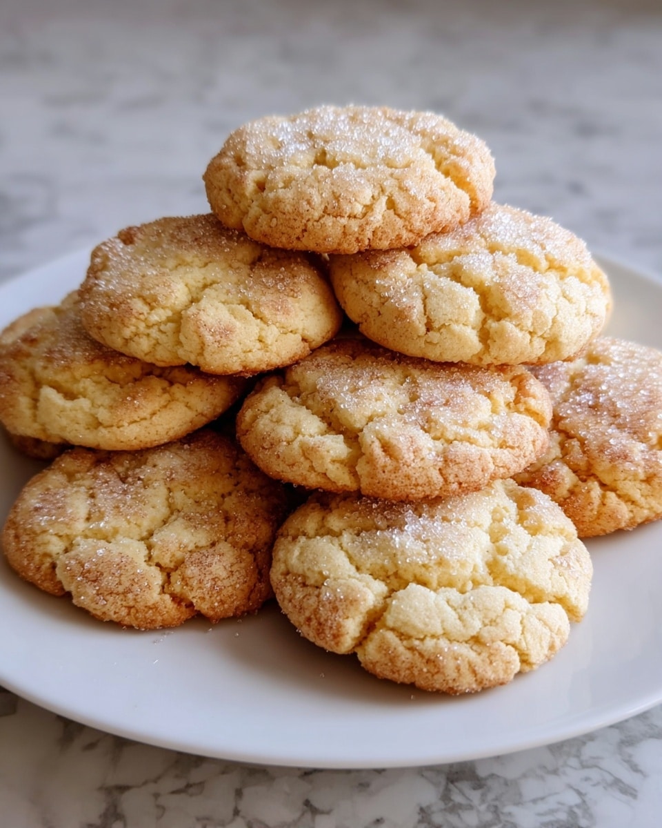 A pile of nine round cookies sits on a white plate, arranged in a small stack with some cookies overlapping and others resting around the edges. Each cookie has a lightly cracked surface with a golden-brown color, darker and crispier on the edges and lighter, soft-looking in the center. The tops of the cookies are sprinkled with white sugar granules, adding a slight sparkle. The texture appears slightly crumbly and crisp. The plate rests on a white marbled surface. photo taken with an iphone --ar 4:5 --v 7