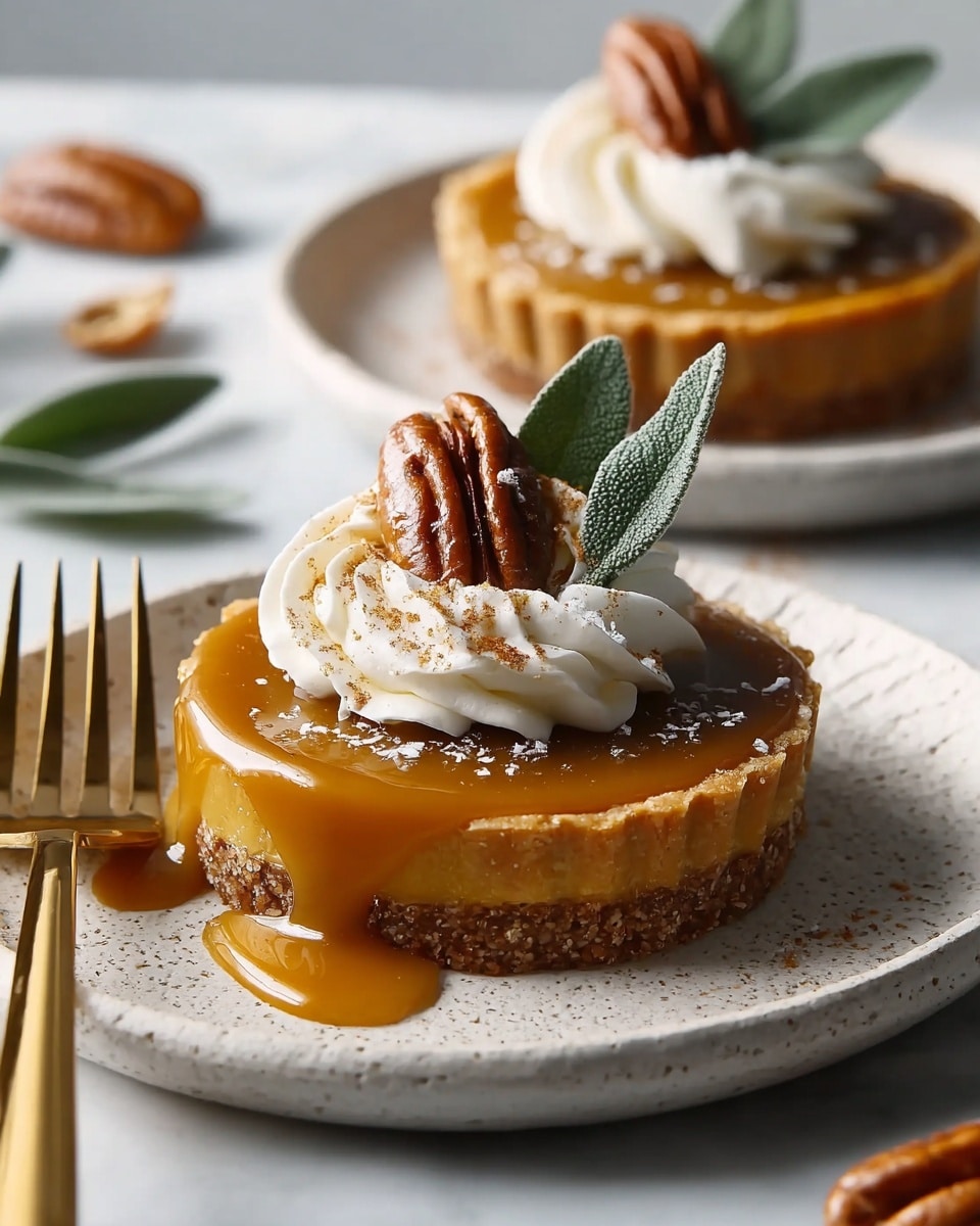 A small tart with a light brown, crumbly crust forms the base, filled with a smooth, shiny caramel layer that slightly drips over the edge. On top, there is a fluffy white whipped cream swirl sprinkled with light brown cinnamon powder. A whole pecan and two textured green sage leaves rest on the whipped cream. The tart sits on a round white plate with a subtle texture, placed on a white marbled surface. In the background, there is another tart slightly out of focus on a matching white plate and some scattered nuts. A golden fork lies nearby. photo taken with an iphone --ar 4:5 --v 7