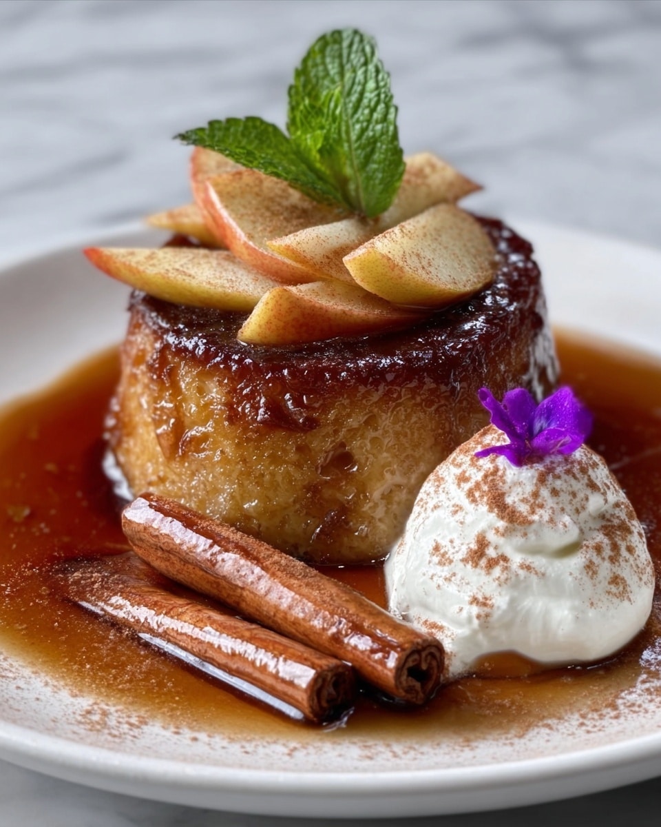 A round, tall dessert with a golden-brown, slightly shiny top and textured sides sits on a white plate. The dessert is topped with a few caramelized banana slices and a light dusting of white powdered sugar. To the right of the dessert is a swirl of white whipped cream with thin red strips on top, next to a dark brown star anise and a cinnamon stick lying on the plate. The plate rests on a white marbled surface, and the scene feels warm and inviting. Photo taken with an iphone --ar 4:5 --v 7