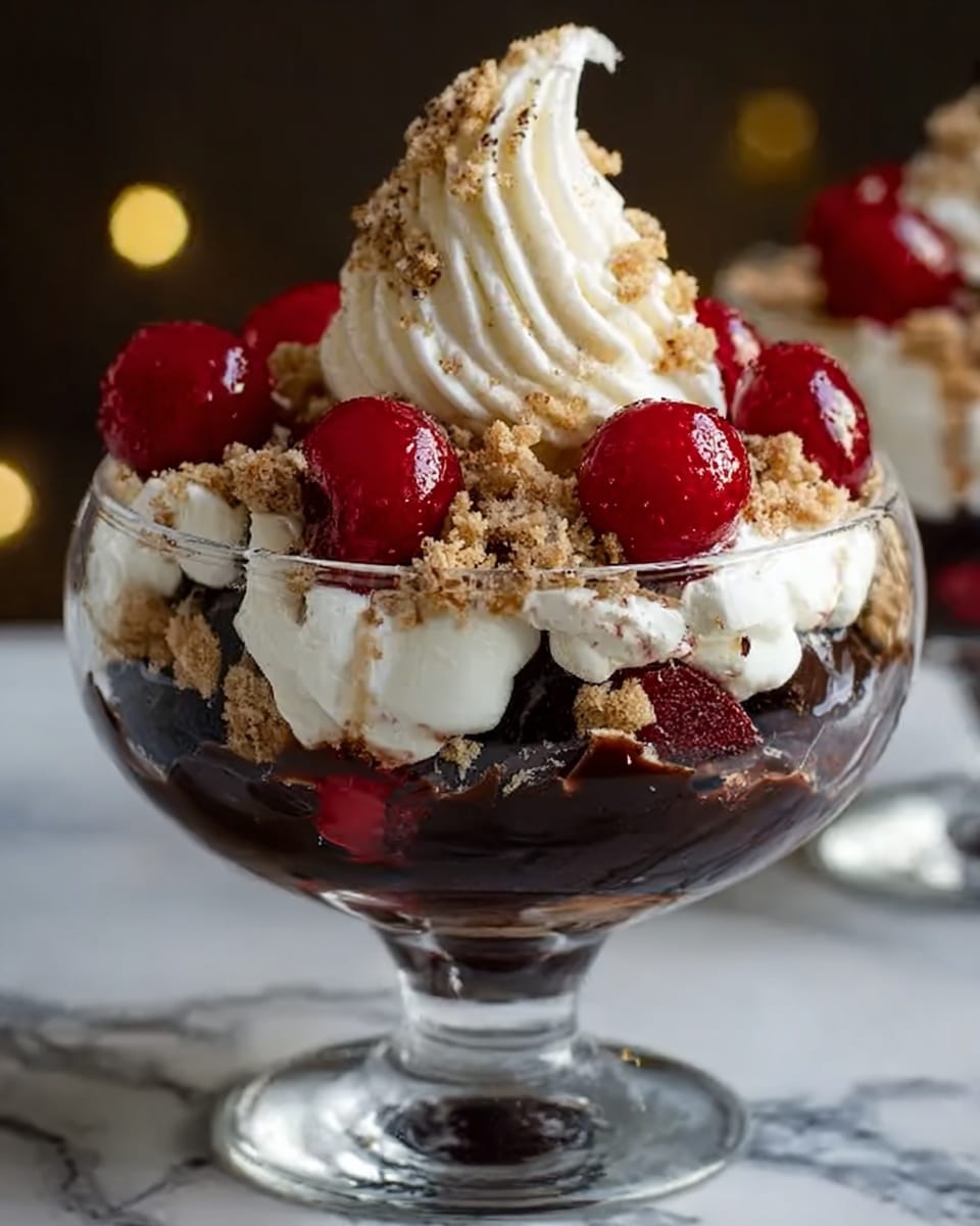 A clear glass dessert bowl sitting on a white marbled surface is filled with several layers of dessert. The bottom layer is dark chocolate pudding with a smooth texture, topped by a thick layer of whipped cream which is white and fluffy. Above this is a layer of crushed cookies, light brown and crumbly, sprinkled unevenly. The next layer consists of bright red cherries with a shiny, juicy look. At the top, a swirl of whipped cream rises in a peak, decorated with a few whole cherries. The overall look is rich and inviting, with a clear contrast between dark, white, and red layers. Photo taken with an iphone --ar 4:5 --v 7