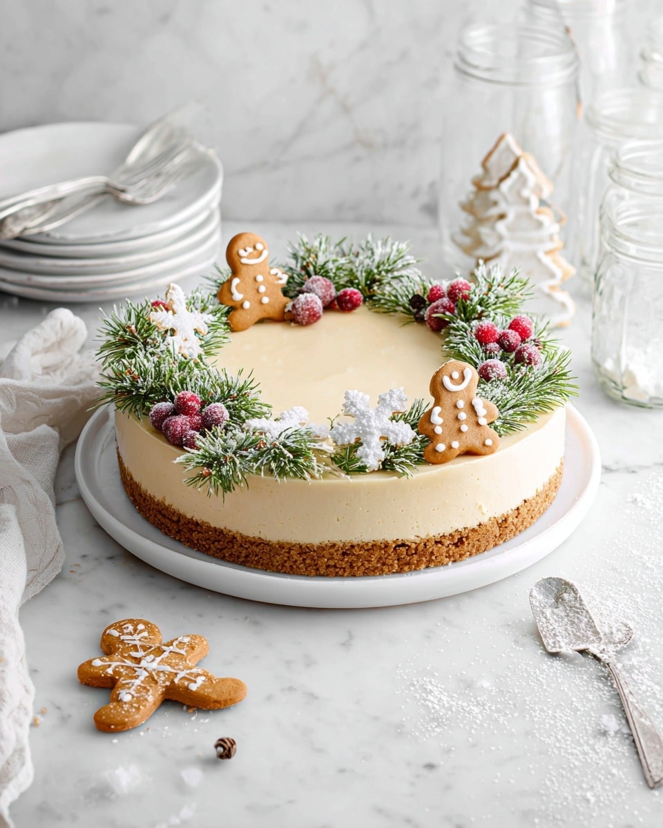 A round cheesecake with two layers is shown on a white plate: the bottom layer is a golden brown crumbly crust, and the top layer is a smooth, light beige creamy cheesecake. Around the edge, there is a wreath-like decoration made of green pine sprigs dusted with white powder, red frosted berries, and small gingerbread cookies shaped like men and snowflakes with white icing. A gingerbread man cookie lies on the white marbled surface next to the plate. In the background, there are clear glass bottles, a stack of white plates with a gingerbread tree cookie leaning against them, silver utensils, and scattered white powder, all on a white marbled surface. photo taken with an iphone --ar 4:5 --v 7