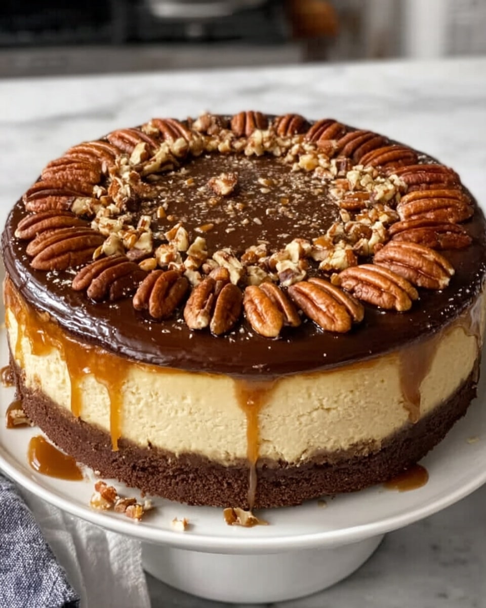 A tall, round cheesecake with three clear layers sits on a white plate over a white marbled surface. The bottom layer is dark brown and looks like chocolate cake or crust. The middle layer is thick, creamy, and pale yellow, showing the classic cheesecake texture. The top layer is glossy chocolate ganache with a smooth, shiny surface. On top, there is a ring of whole pecans around the edge and smaller chopped pecans spread in the middle, adding a crunchy texture. Some caramel sauce drips down the sides between the layers. Photo taken with an iphone --ar 4:5 --v 7