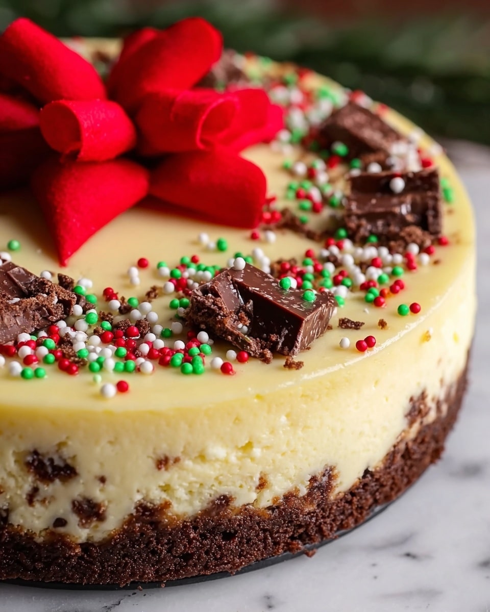 A close-up of a round cheesecake with two layers: the bottom layer is a dark brown crumbly crust with small pieces visible, and the top layer is a smooth creamy light yellow cheesecake. The top is decorated with small red, green, and white round sprinkles, along with pieces of broken dark chocolate scattered evenly. A large red bow is placed on top, slightly out of focus. The cake sits on a white marbled surface. photo taken with an iphone --ar 4:5 --v 7
