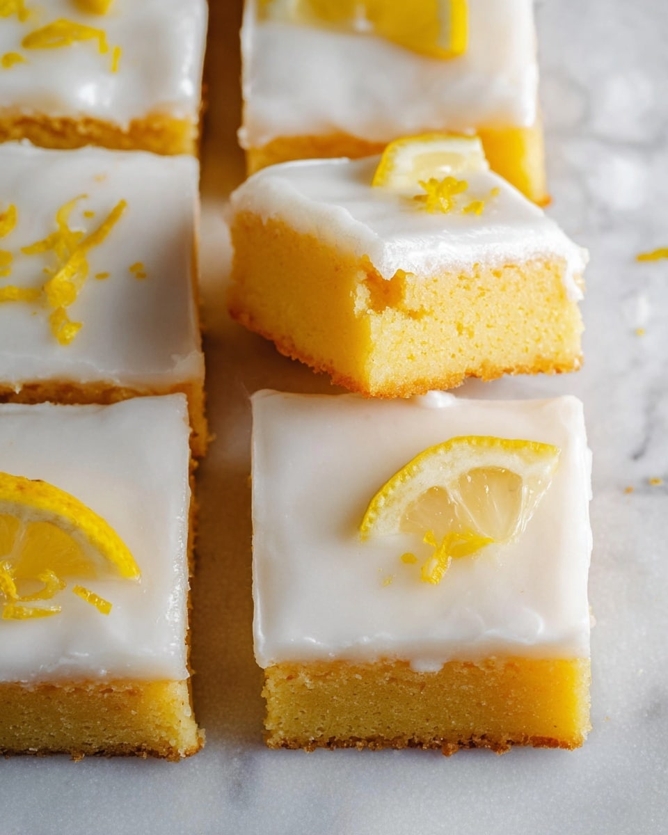 The image shows six square lemon bars arranged on a white marbled surface, with one bar lifted slightly above the others. Each bar has two visible layers: a bottom golden-yellow, dense, and moist cake-like layer, and a smooth, glossy, white icing layer on top. Two of the bars are decorated with a small wedge of fresh lemon and some lemon zest, adding a pop of yellow to the white icing. The texture of the icing appears soft and creamy, while the lemon layer looks rich and moist. photo taken with an iphone --ar 4:5 --v 7