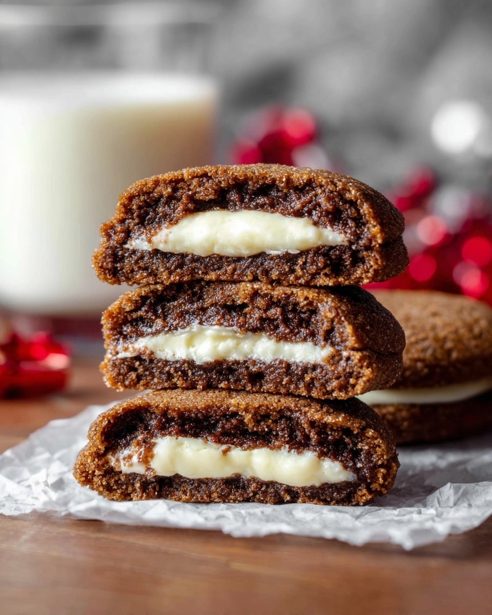 A stack of four soft cookies with a dark brown, slightly grainy outer layer and a white creamy filling inside each cookie, visible because the cookies are cut in half and stacked unevenly, showing the thick cream layer in the center. The cookies rest on a white crumpled paper on a wooden surface, with a blurry background featuring a glass of milk and a hint of red decorative elements, all against a white marbled texture. The overall look is warm and inviting, highlighting the contrast between the dark cookie and the bright cream inside. photo taken with an iphone --ar 4:5 --v 7