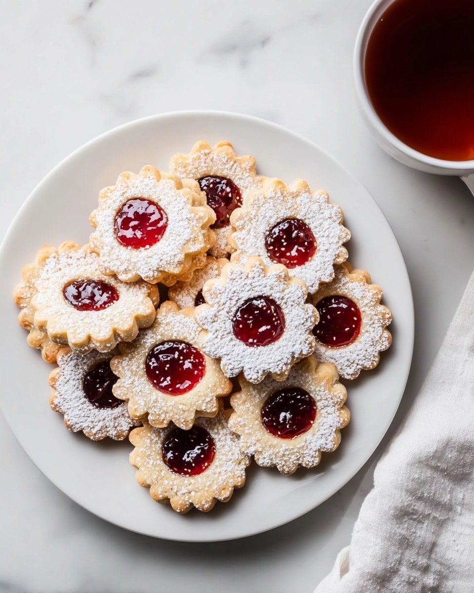 A white plate filled with about fourteen round jam-filled cookies arranged in a loose pile. Each cookie has a scalloped edge and two layers: a golden-brown bottom layer of cookie dough and a top layer dusted with white powdered sugar, with a small round center cutout showing a shiny, deep red jam. The plate is set on a white marbled surface. To the right of the plate, there is a white cup filled with dark reddish-brown tea, and a white folded cloth is partially visible near the bottom right corner. photo taken with an iphone --ar 4:5 --v 7