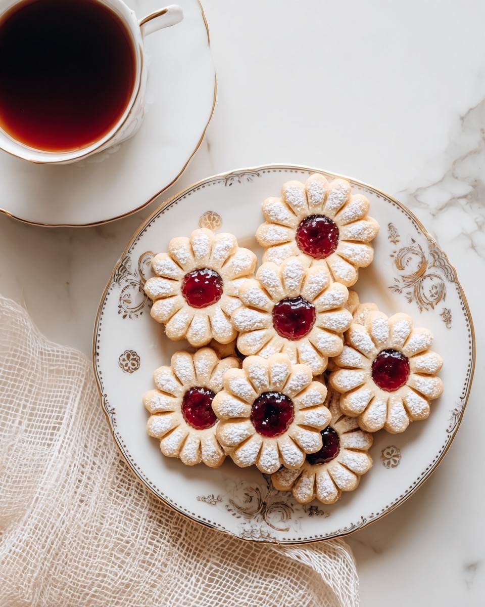 A white plate with a delicate gold floral design holds a stack of golden brown flower-shaped cookies arranged in a circular pile. Each cookie has a round center filled with bright red jam, surrounded by white powdered sugar dusted on top and small cut-out details creating a sunburst effect. Next to the plate is a white cup filled with dark tea, placed on a white marbled surface. A piece of light beige woven fabric is partially visible under the plate. Photo taken with an iphone --ar 4:5 --v 7