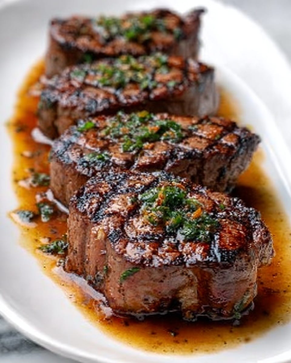 The image shows four thick round beef steaks cooking in a black cast iron pan. Each steak is brown with a crispy, seared texture and glistens with melted butter and small garlic pieces on top. Fresh green sprigs of thyme are scattered around and on the steaks, adding color contrast. The pan is on a stove with a blurred background that includes garlic bulbs and green herbs. Light steam rises from the pan, showing the steaks are hot and cooking. The whole scene is set on a white marbled texture. photo taken with an iphone --ar 4:5 --v 7