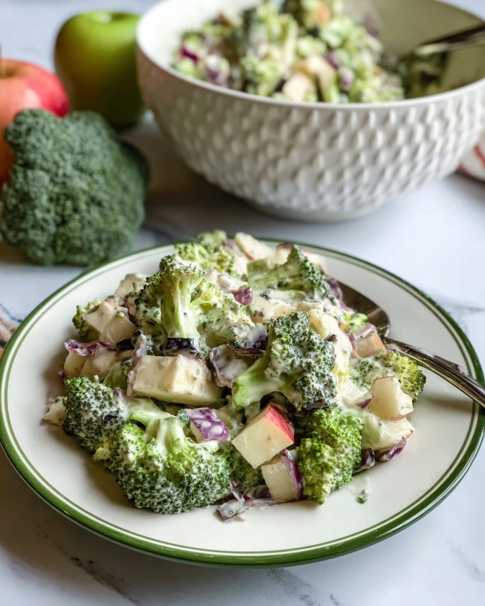 A white plate with a green rim holds a mixed salad made of three main layers: bright green broccoli florets that are chunky and fresh, small pieces of pale creamy dressing coating the broccoli and other elements, and visible bits of purple onion slices and chunks of light yellow apple scattered evenly in the mix. Behind the plate, there is a textured white bowl filled with the same salad and a metal serving spoon resting inside it. The setup is on a white marbled surface with a piece of broccoli and a half apple partly visible in the background. photo taken with an iphone --ar 4:5 --v 7