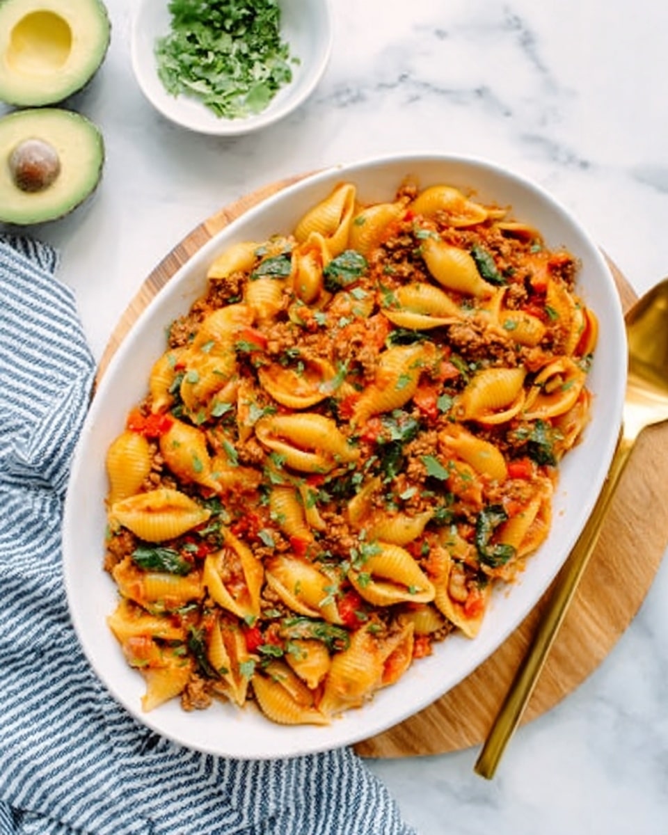 The image shows a white oval plate filled with pasta shells cooked in a sauce with ground meat, red bell peppers, and green spinach leaves mixed in. The pasta is coated in a rich, orange-red sauce with some herbs sprinkled on top. The plate sits on a wooden board on a white marbled surface, with a blue and white striped cloth next to it. In the background, there is a white bowl with golden chopsticks and a small white bowl with chopped green herbs. A sliced avocado is also partially visible on the left side of the image. Photo taken with an iphone --ar 4:5 --v 7