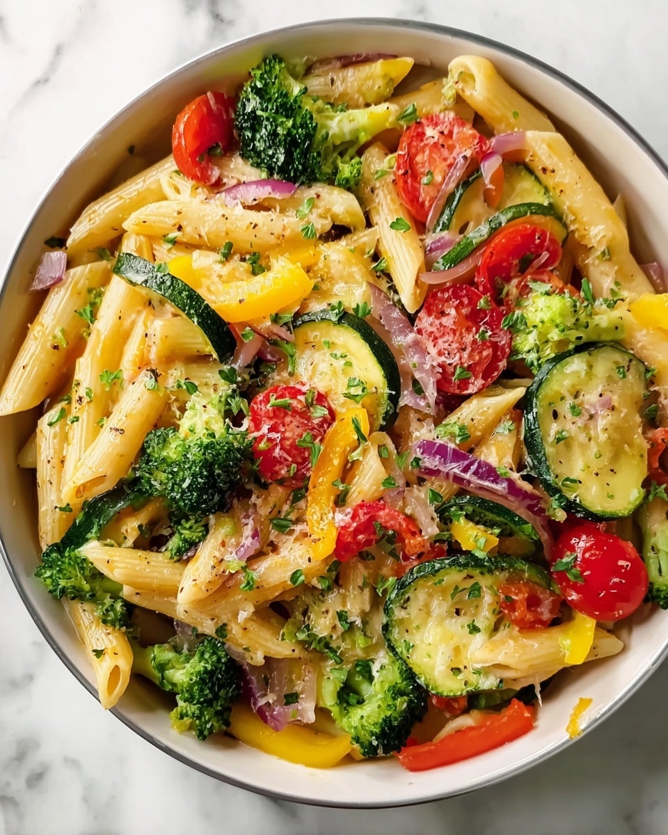 The dish shows cooked penne pasta mixed with colorful vegetables in a white bowl on a white marbled surface. The pasta is pale yellow and fills most of the bowl, layered with bright green broccoli florets, dark green zucchini slices with light green interiors, red cherry tomatoes, thin strips of yellow and red bell peppers, and translucent pieces of cooked red onion. The dish is sprinkled with finely grated cheese and small bits of green herbs scattered over the top, adding texture and a fresh look. photo taken with an iphone --ar 4:5 --v 7