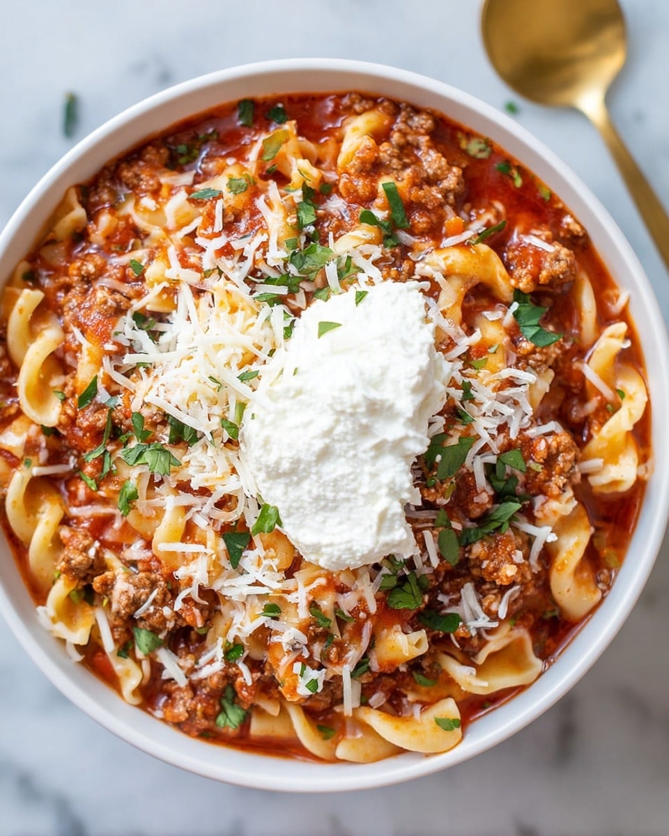 A white bowl filled with cooked pasta mixed with red tomato meat sauce that has small ground meat pieces and a few pieces of green herbs scattered on top; the pasta is topped with shredded white cheese and a large dollop of smooth, white ricotta cheese on one side. The bowl is placed on a white marbled surface with a hint of a golden spoon visible nearby. Photo taken with an iphone --ar 4:5 --v 7