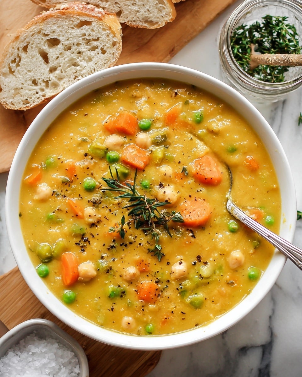 A white bowl filled with thick yellow soup that has a creamy texture, with visible pieces of orange carrot slices, green peas, light beige chickpeas, and translucent celery cubes mixed throughout. The soup is topped with a small bunch of fresh thyme and sprinkled with black pepper and green herb bits. A silver spoon rests inside the bowl. In the background, there are two slices of light-colored bread with air holes on a wooden board, a small jar with green herbs, and a small white dish with coarse salt, all placed on a white marbled surface. photo taken with an iphone --ar 4:5 --v 7