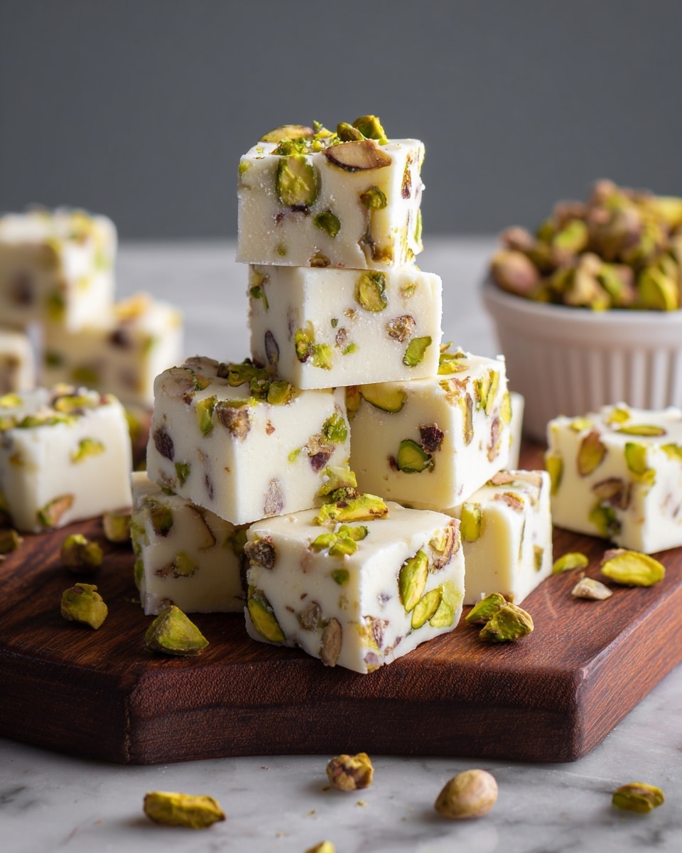 A stack of eight creamy white fudge squares studded generously with green and brown pistachio pieces is arranged in a pyramid shape on a dark wooden board. Each fudge piece has a smooth texture and sharp edges, with pistachio bits embedded on all visible sides. Loose pistachio nuts are scattered around the board, adding a pop of green color. In the soft-focused background, there is a white bowl filled with more pistachios on a white marbled surface. The scene is lit softly, highlighting the textures and colors of the fudge and nuts. photo taken with an iphone --ar 4:5 --v 7