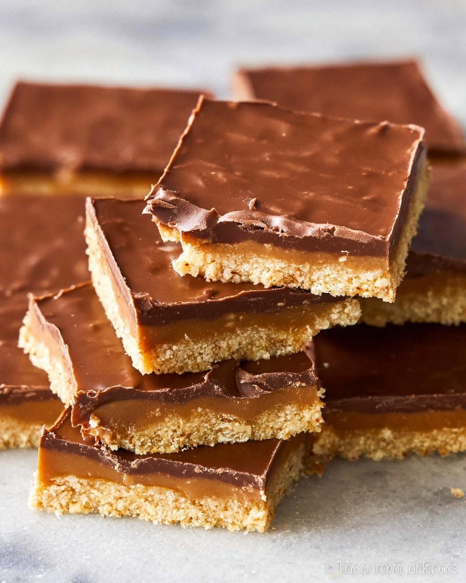 The image shows several square pieces of a dessert stacked on top of each other on a white marbled texture. Each piece has two clear layers: the bottom layer is a light golden, crumbly base, and the top layer is a smooth, shiny milk chocolate coating with a rich brown color. One piece on top is slightly broken, revealing the thick, even chocolate layer over the crunchy base. The surface of the chocolate is glossy with faint, natural ripples. Photo taken with an iphone --ar 4:5 --v 7