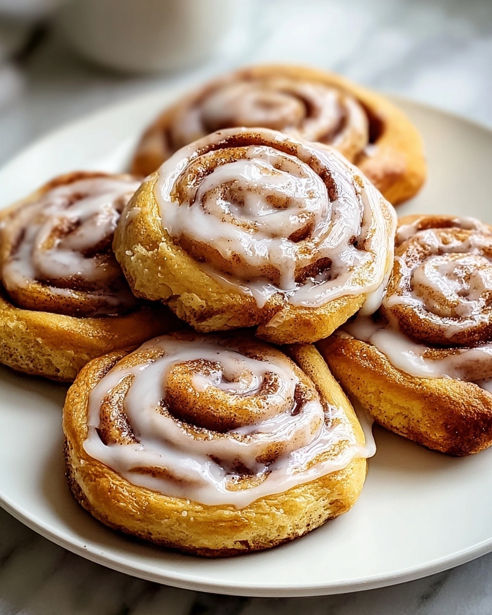 The image shows a white plate holding five cinnamon rolls arranged in a slight pile, revealing their soft, golden-brown dough and visible swirls of cinnamon sugar. Each cinnamon roll has a glossy white icing drizzled over the top, following the spiral shape and highlighting the texture of the baked dough. The rolls look fluffy and slightly shiny from the glaze, set on a white marbled surface that softly contrasts with the warm tones of the rolls. Photo taken with an iphone --ar 4:5 --v 7