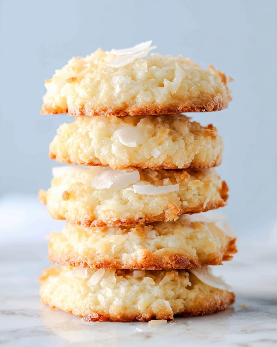 A close-up image of five coconut cookies stacked vertically on a white marbled surface. Each cookie is thick and soft with a pale golden-brown edge and a light beige center. Visible white shredded coconut flakes are embedded throughout each cookie's surface, adding a textured look. The cookies are unevenly shaped, giving a homemade feel, and the stack stands tall, showing clear layers with slight shadows between them. The background is plain and soft blue, keeping focus on the cookies. photo taken with an iphone --ar 4:5 --v 7