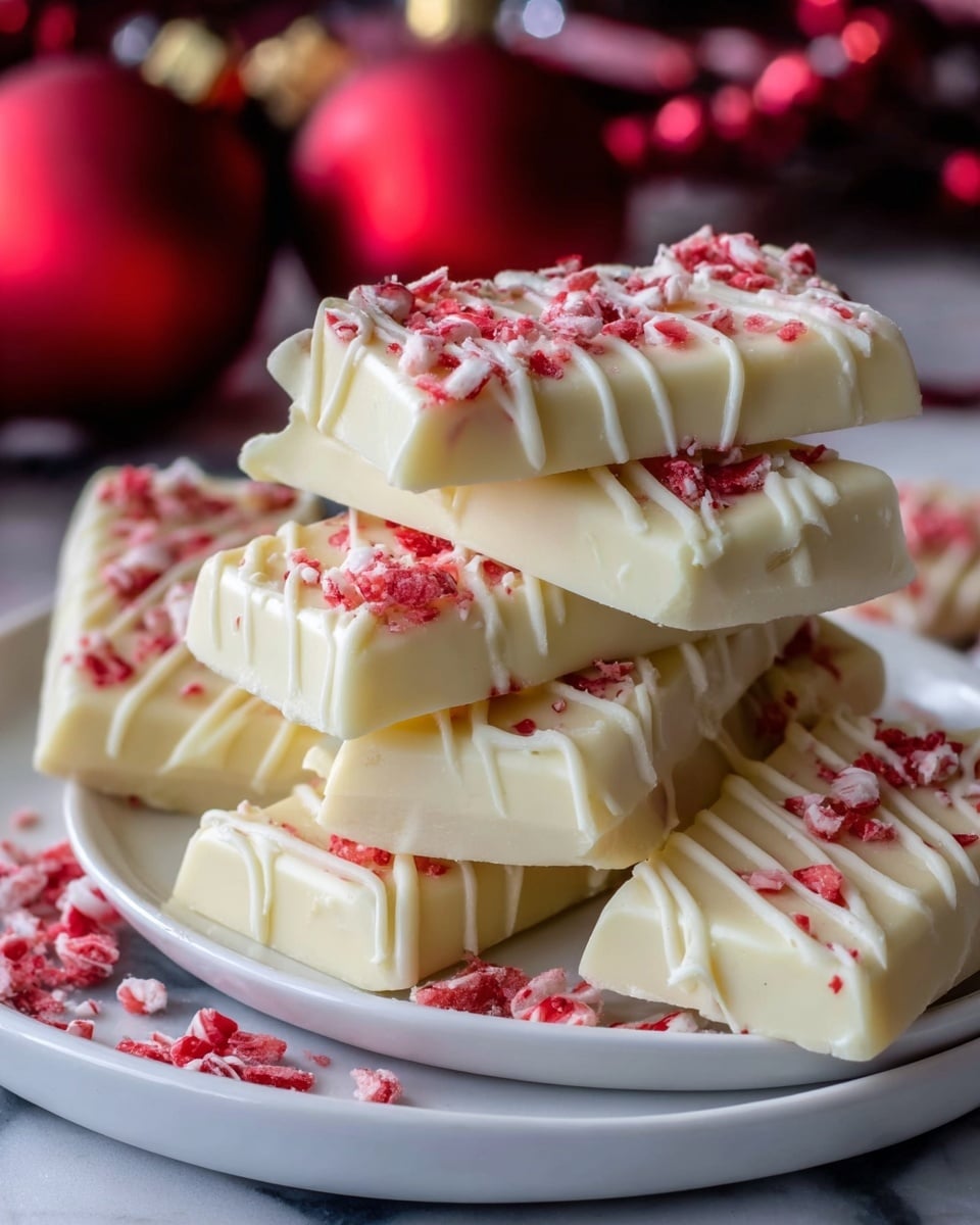 The image shows a stack of six white chocolate bars arranged on two stacked white plates. Each bar is thick and rectangular with a smooth, creamy texture. The tops are decorated with a light drizzle of white chocolate and red crushed candy pieces that add a festive touch. There are scattered red candy bits around the base, with two shiny red Christmas ornaments blurred in the background on a white marbled surface. The overall scene has a cozy, holiday feel with soft lighting highlighting the glossy chocolate bars. Photo taken with an iphone --ar 4:5 --v 7