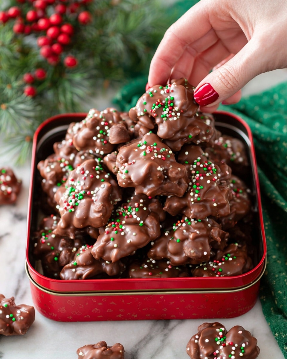 A red square tin filled with a pile of irregularly shaped chocolate clusters, each covered in smooth milk chocolate and topped with small round sprinkles in red, green, and white. The clusters have a glossy texture and a chunky look from the ingredients inside. A woman's hand with red nail polish is picking up one cluster from the top right corner of the tin. In the background, there is a green cloth and some red berries, all set on a white marbled surface. photo taken with an iphone --ar 4:5 --v 7
